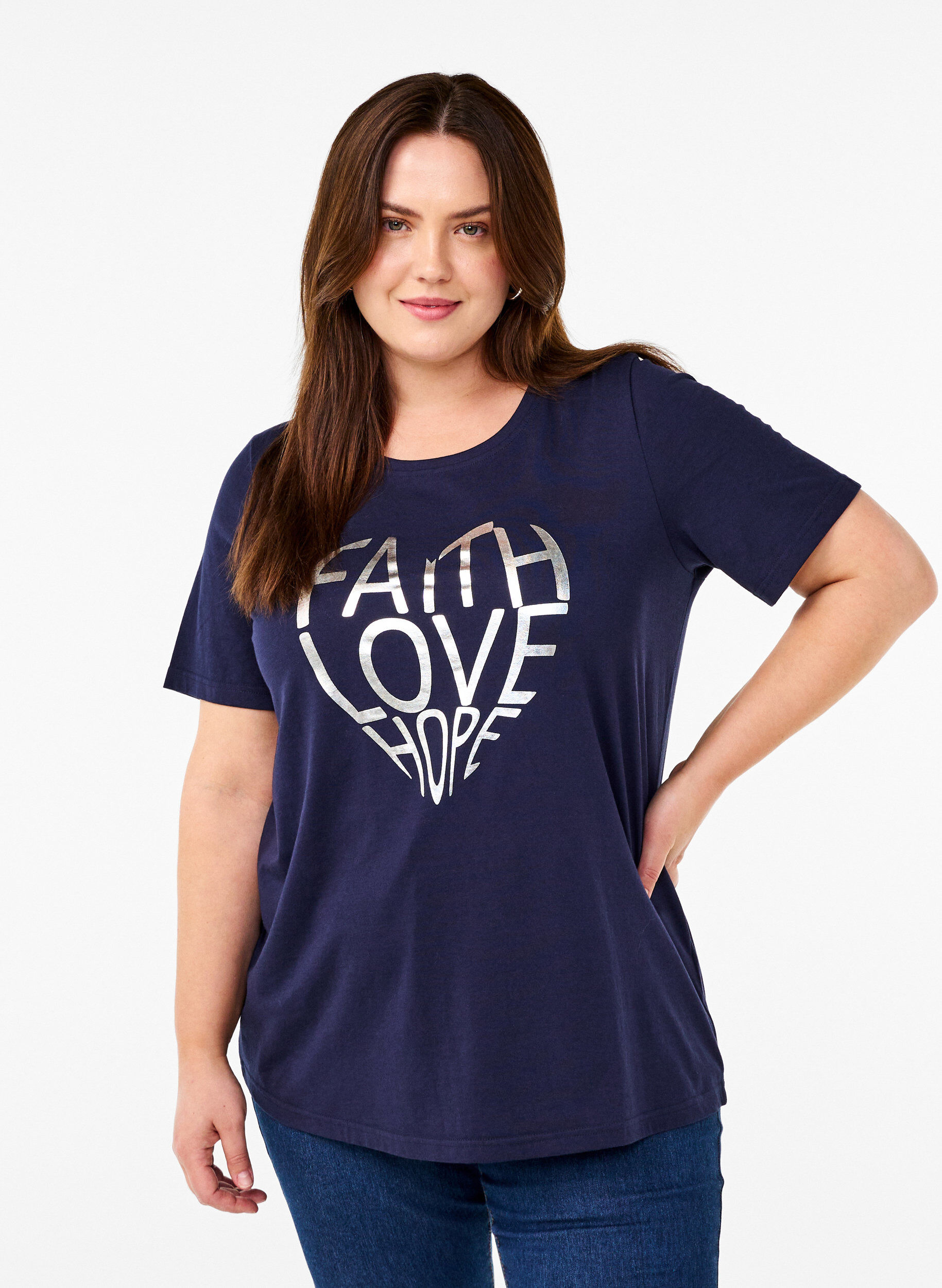 Zizzi FLASH &ndash; kuviollinen t-paita, Navy B. Silver Faith, Model image number 0