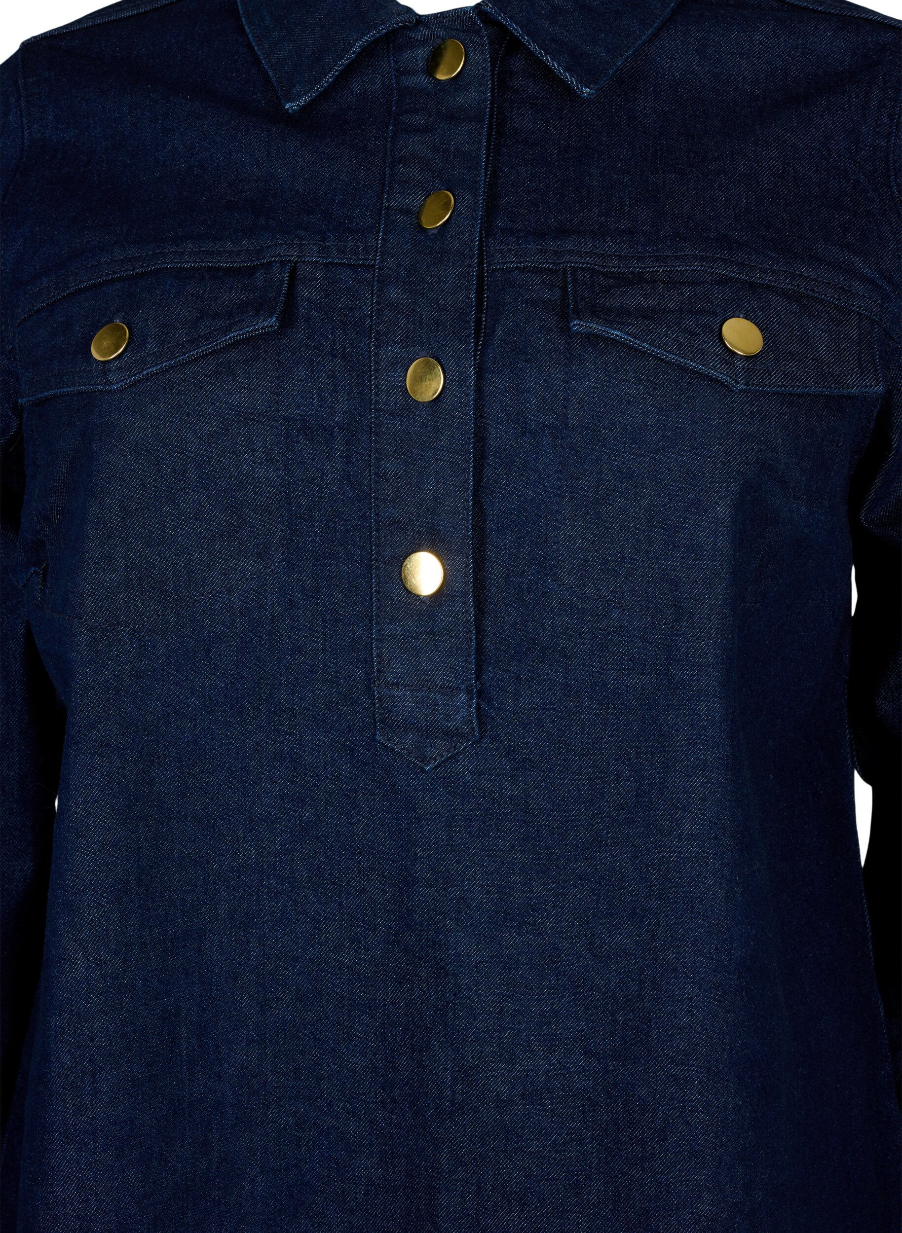 Zizzi A-linjainen napitettava denimmekko, Dark Blue Denim, Packshot image number 2
