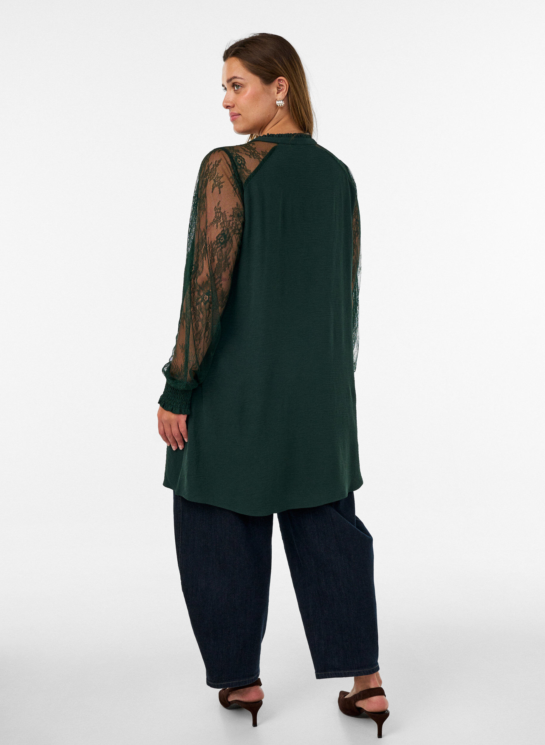ZizziTunika l&auml;pikuultavilla pitsihihoilla, Vihre&auml;, Model image number 2