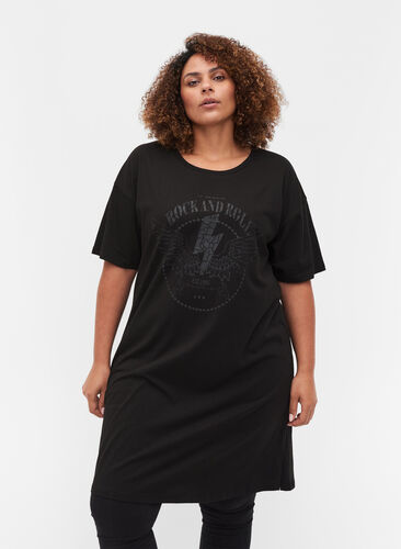 Puuvillainen t-paitamekko printillä, Black w. Black, Model image number 0