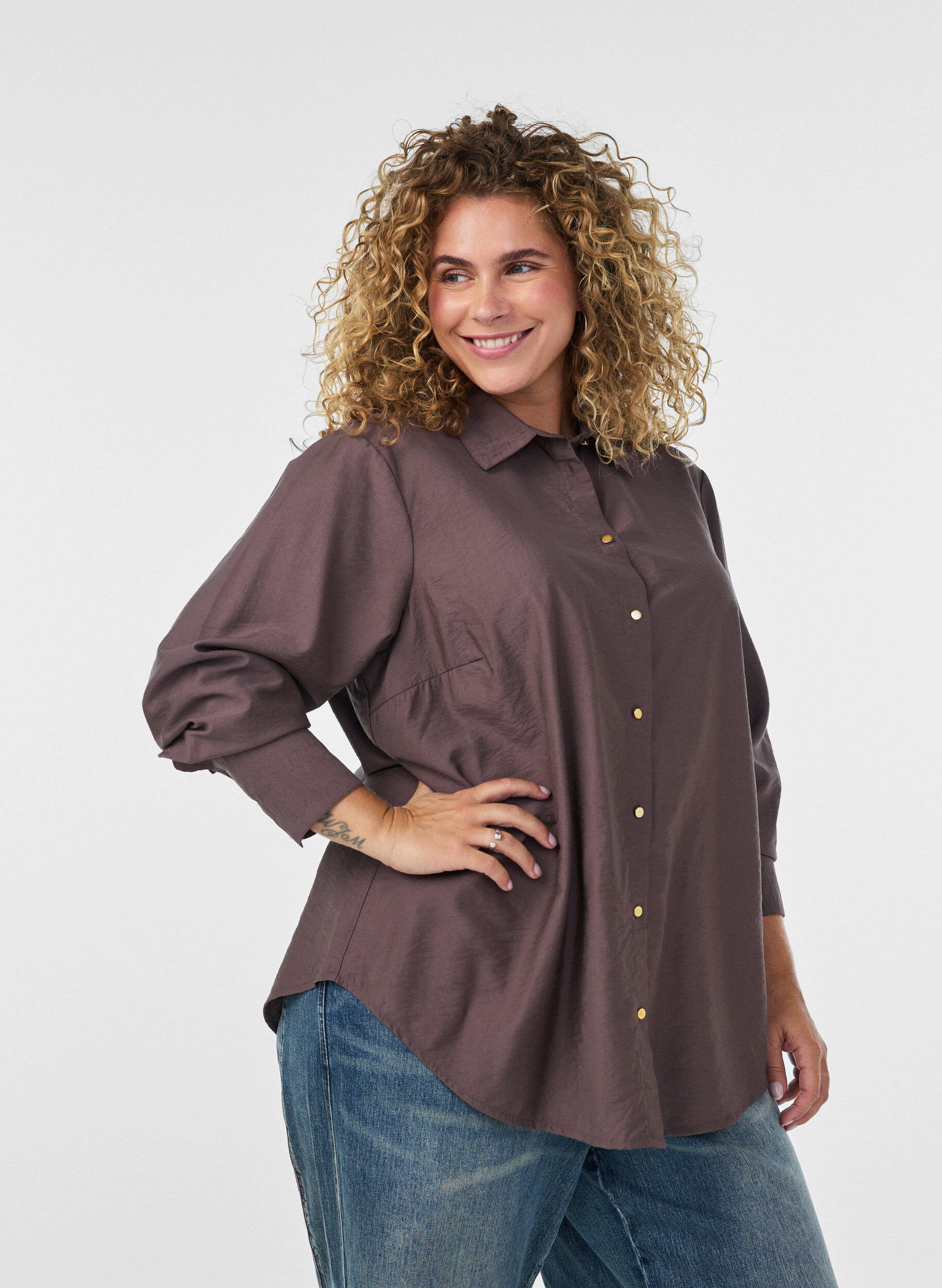 ZizziViskoosipaita kultaisilla napeilla, Ruskea, Model image number 0
