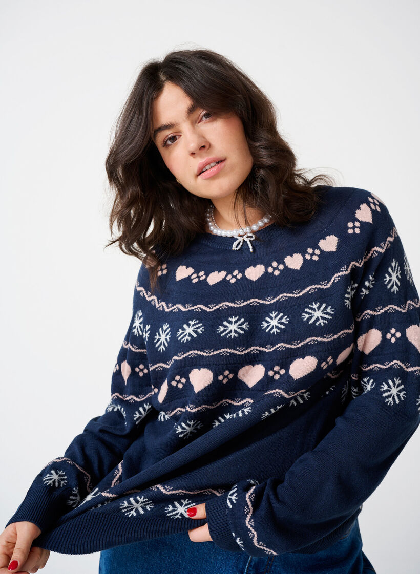 Pitk&auml;hihainen neulepaita joulukuviolla, Navy Blazer Comb, Image image number 0