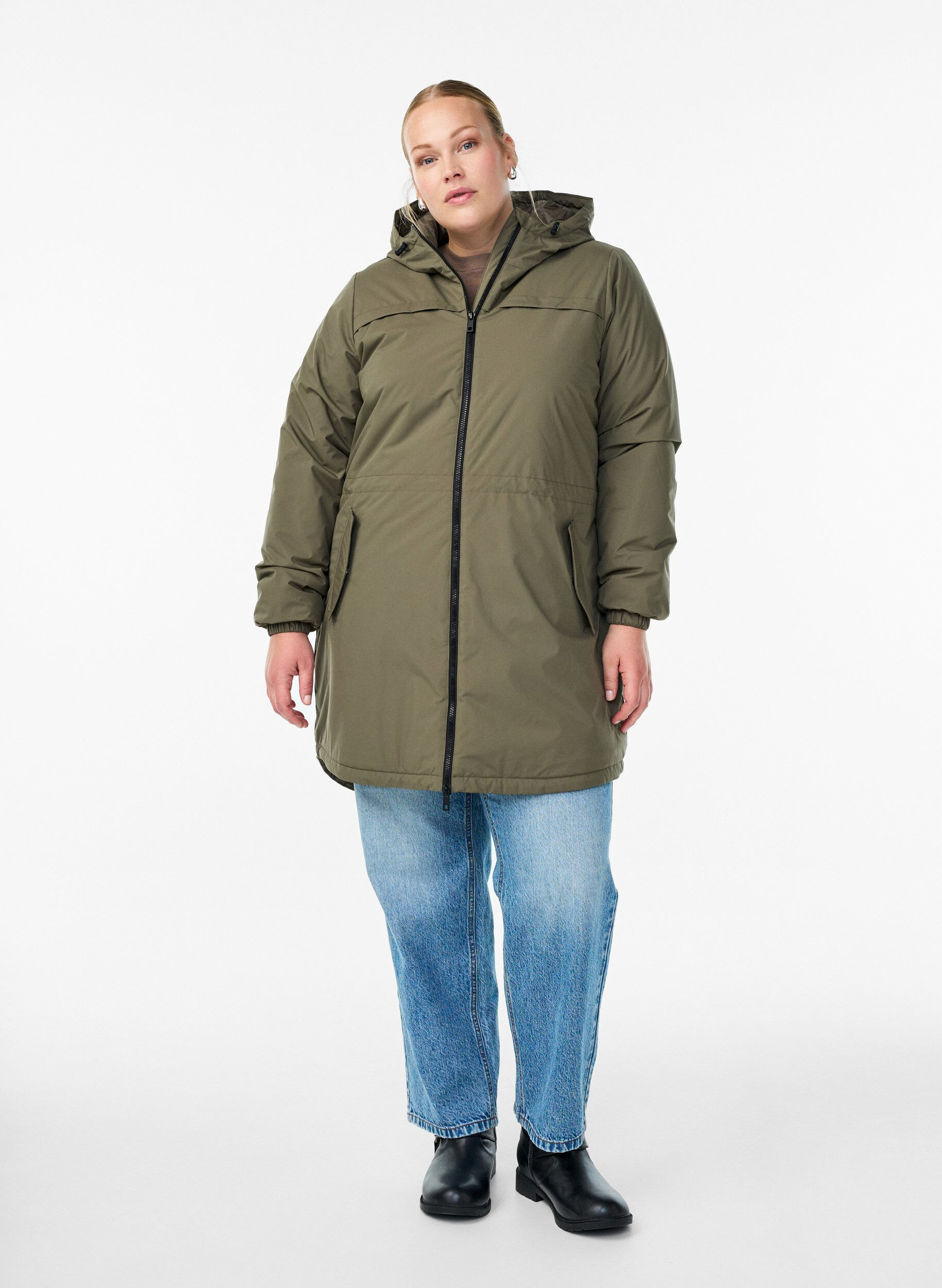 Zizzi Kevyt topattu parka hupulla, Vihre&auml;, Model image number 1