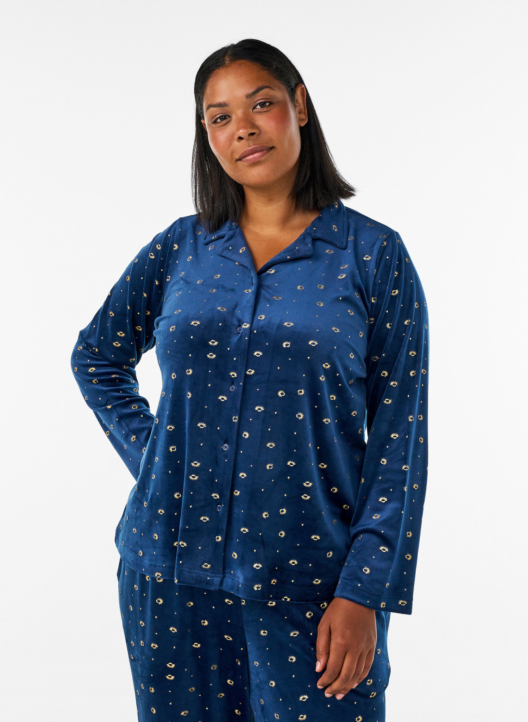 ZizziVeluurinen pyjamapaita kauttaaltaan printill&auml;, Sininen, Model image number 0