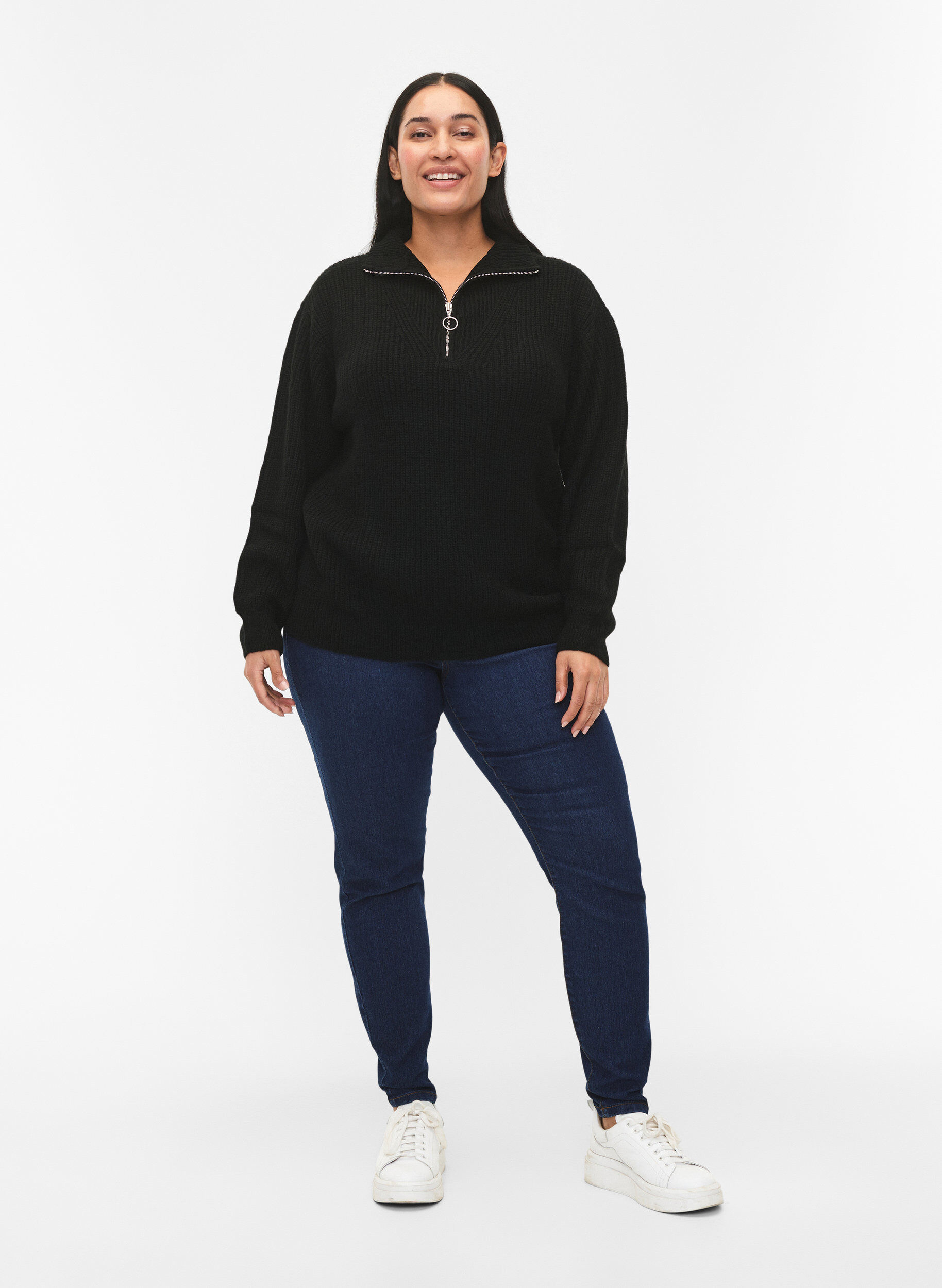 Zizzi FLASH - Neulepusero, jossa korkea kaulus ja vetoketju, Musta, Model image number 1