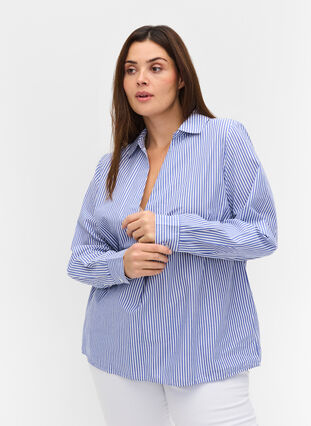 Raidallinen paita ekologisesta puuvillasta, Dazzling Blue Stripe, Model image number 0