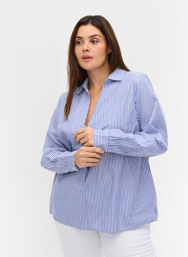 Raidallinen paita ekologisesta puuvillasta, Dazzling Blue Stripe, Model image number 0