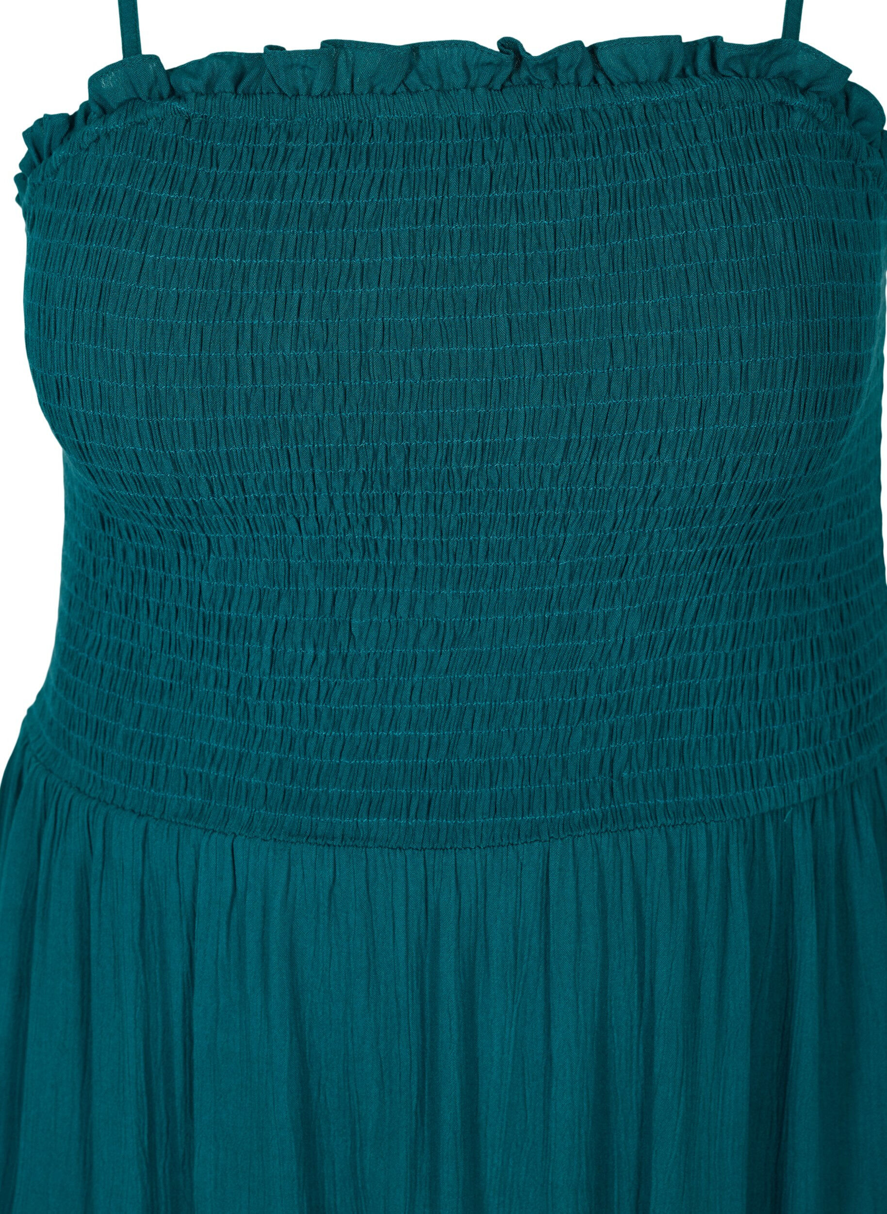 Zizzi Viskoosista valmistettu rantamekko smokkirypytyksell&auml; ja broderi anglaisella, Deep Teal, Packshot image number 2