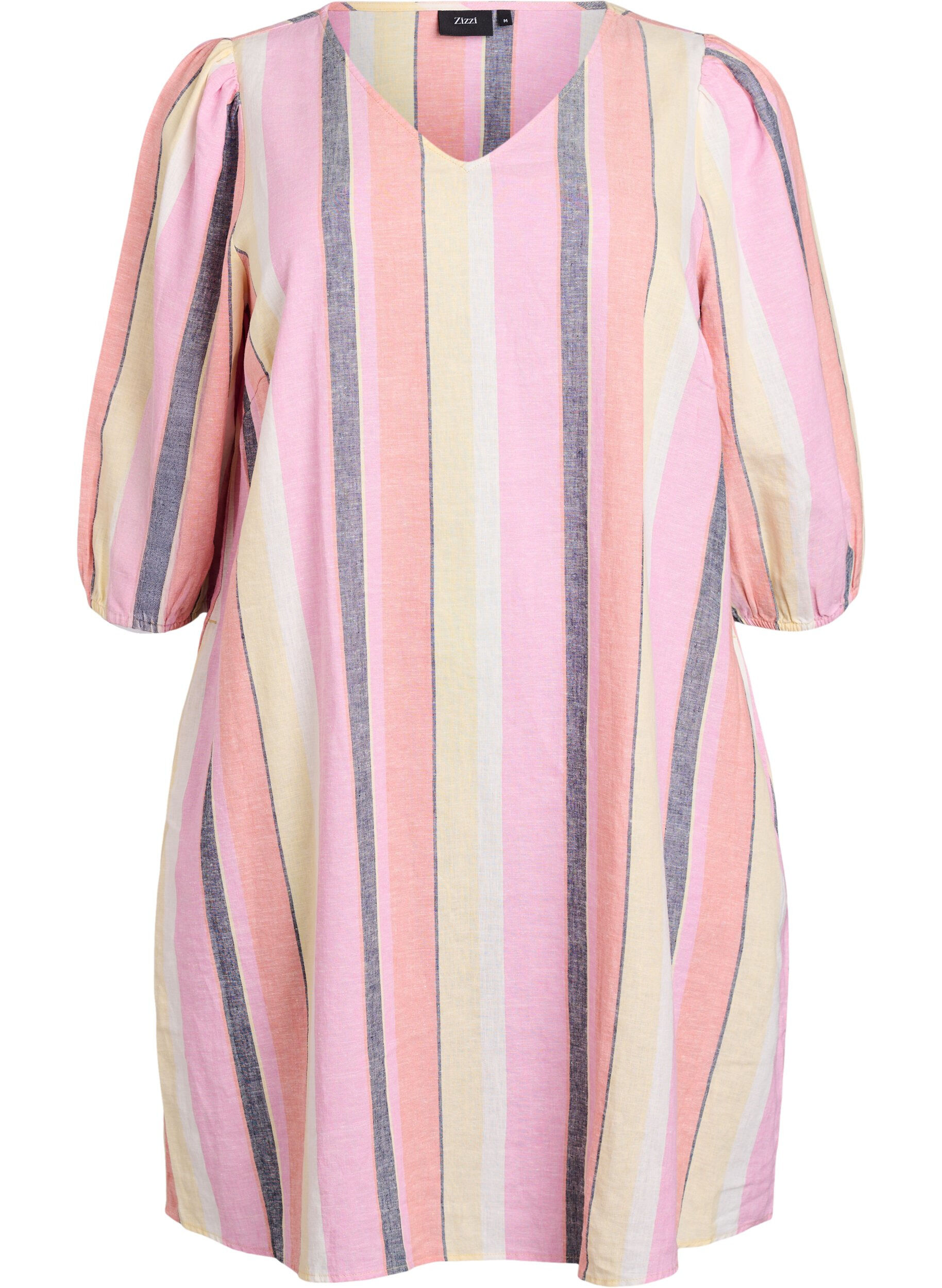 Zizzi Lyhyt mekko pellavasta ja viskoosista, 3/4-hihoilla., Keltainen, Packshot image number 0