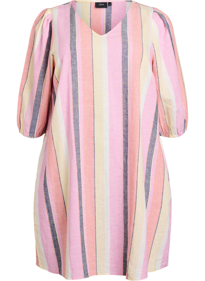 Lyhyt mekko pellavasta ja viskoosista, 3/4-hihoilla., Keltainen, Packshot image number 0