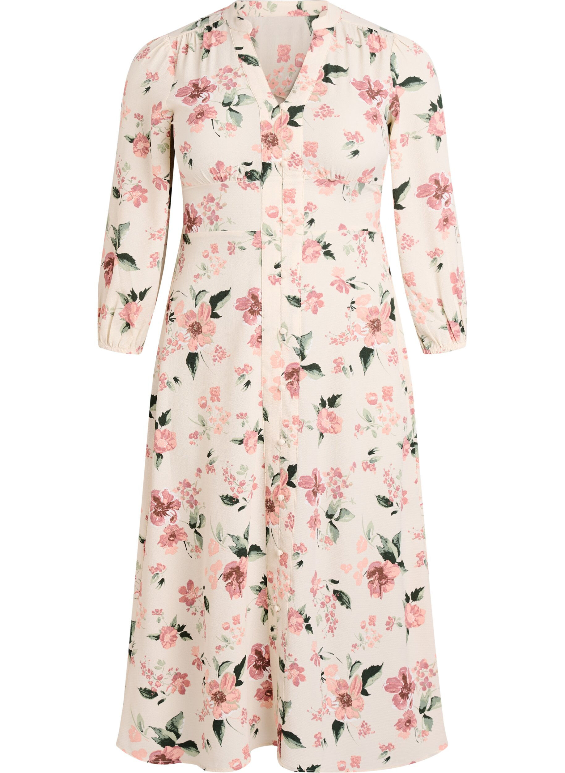 ZizziMidi-mekko smockilla ja koristeellisilla napeilla, Beige, Packshot image number 0