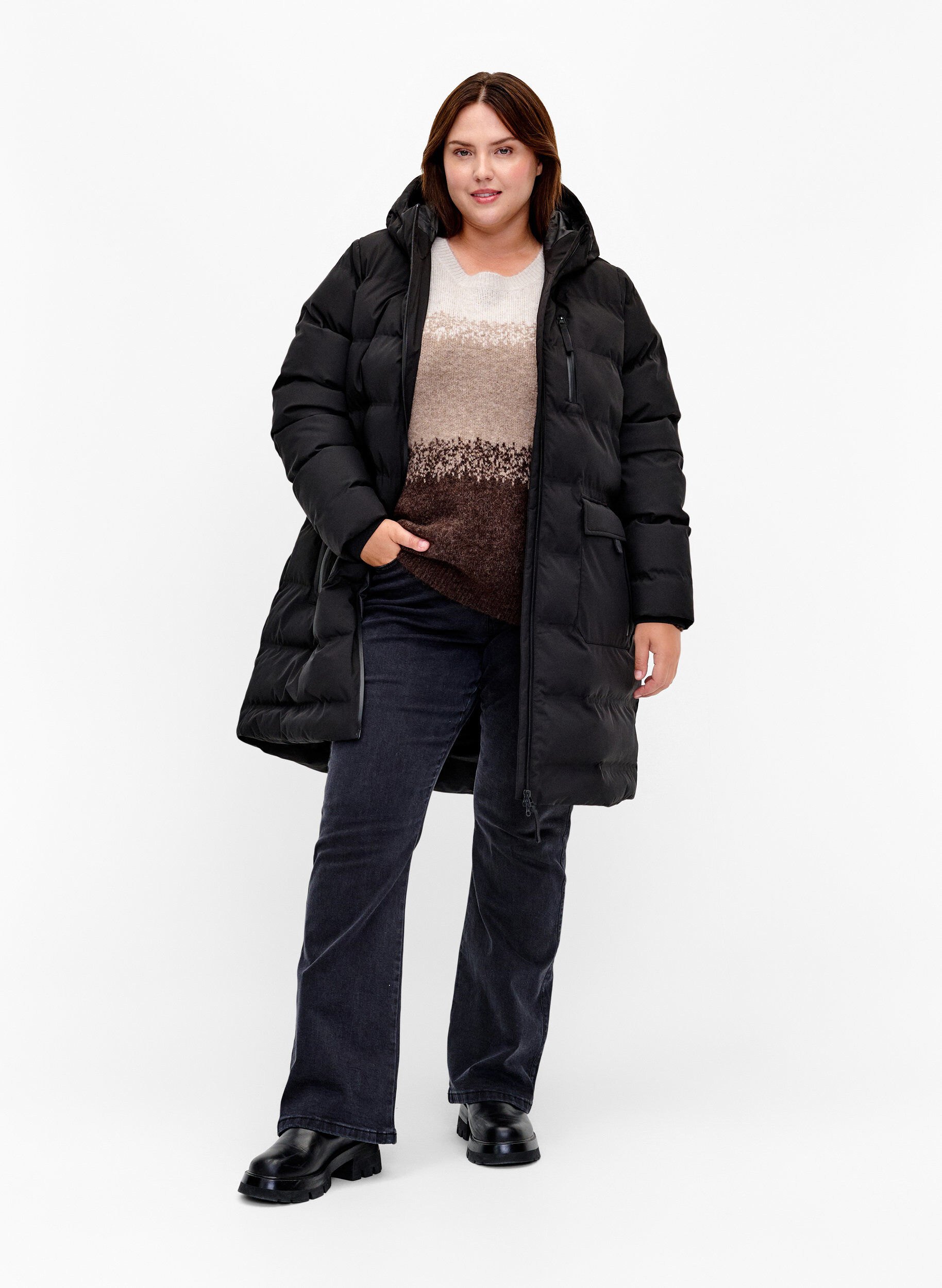 ZizziToppatakki hupulla ja taskuilla, Musta, Model image number 1