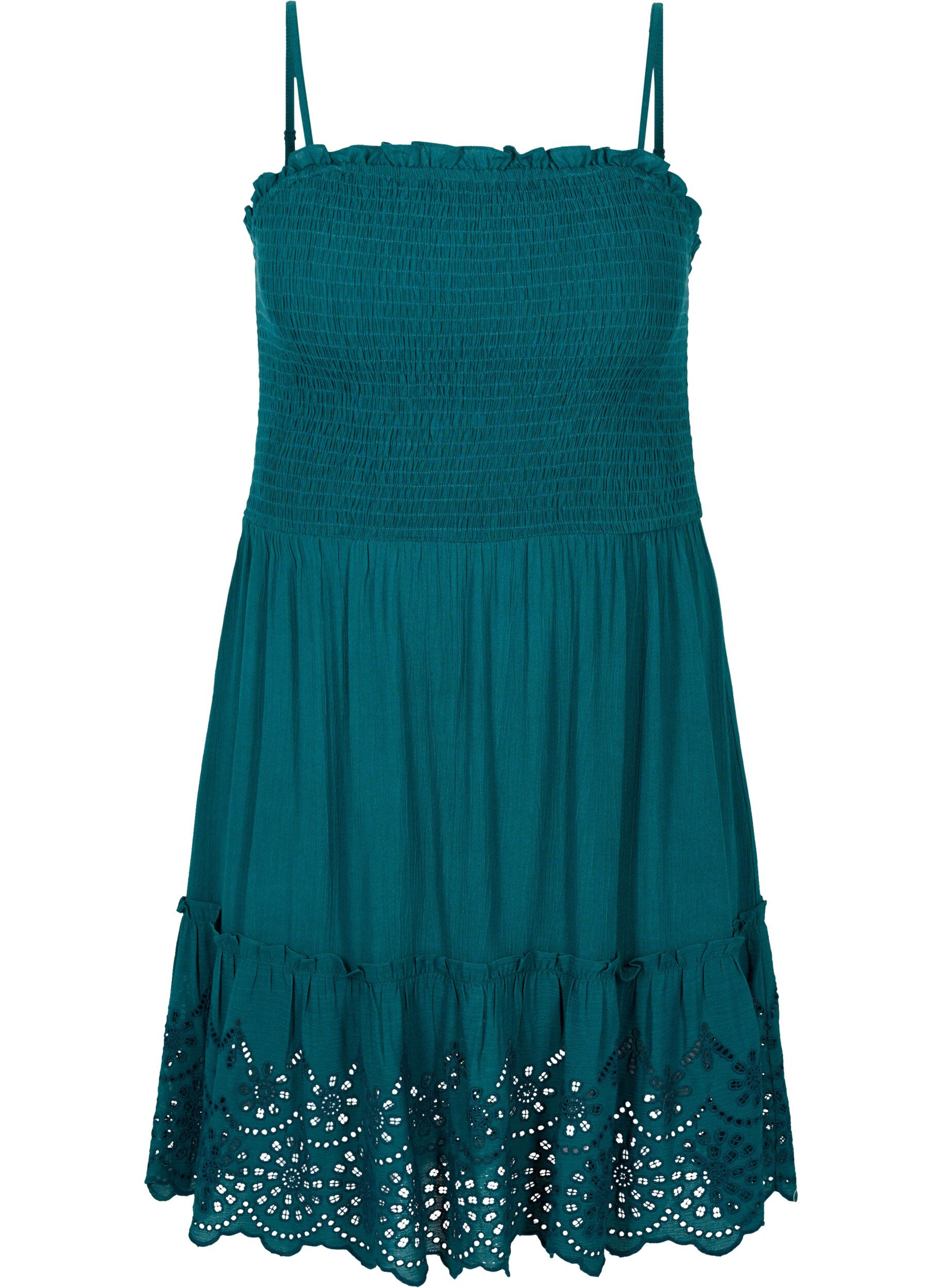 Zizzi Viskoosista valmistettu rantamekko smokkirypytyksell&auml; ja broderi anglaisella, Deep Teal, Packshot image number 0