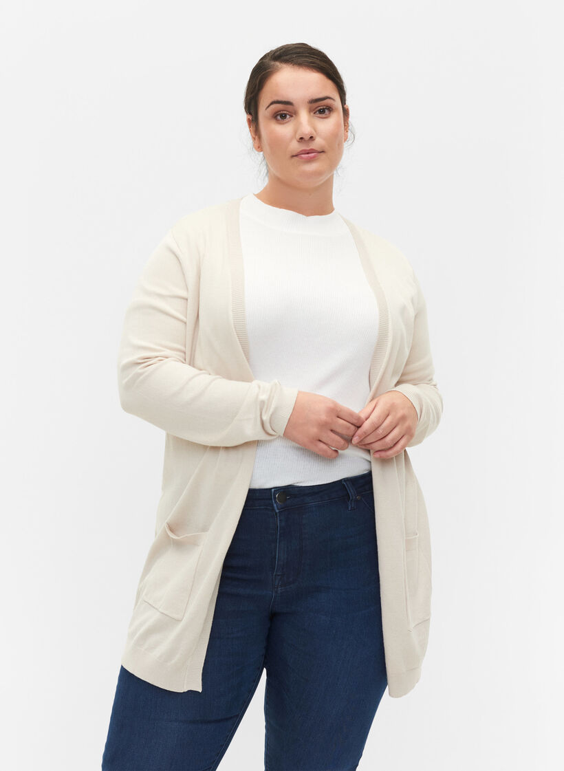 Pitk&auml; neuletakki viskoosisekoitteesta, Beige, Model image number 0