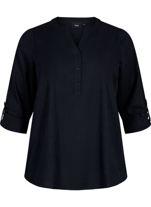 Puuvillainen paitapusero V-kaula-aukolla, Black, Packshot image number 0