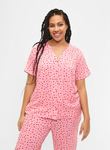 Printattu pyjamapaita viskoosia, Pink Icing W. hearts, Model image number 0