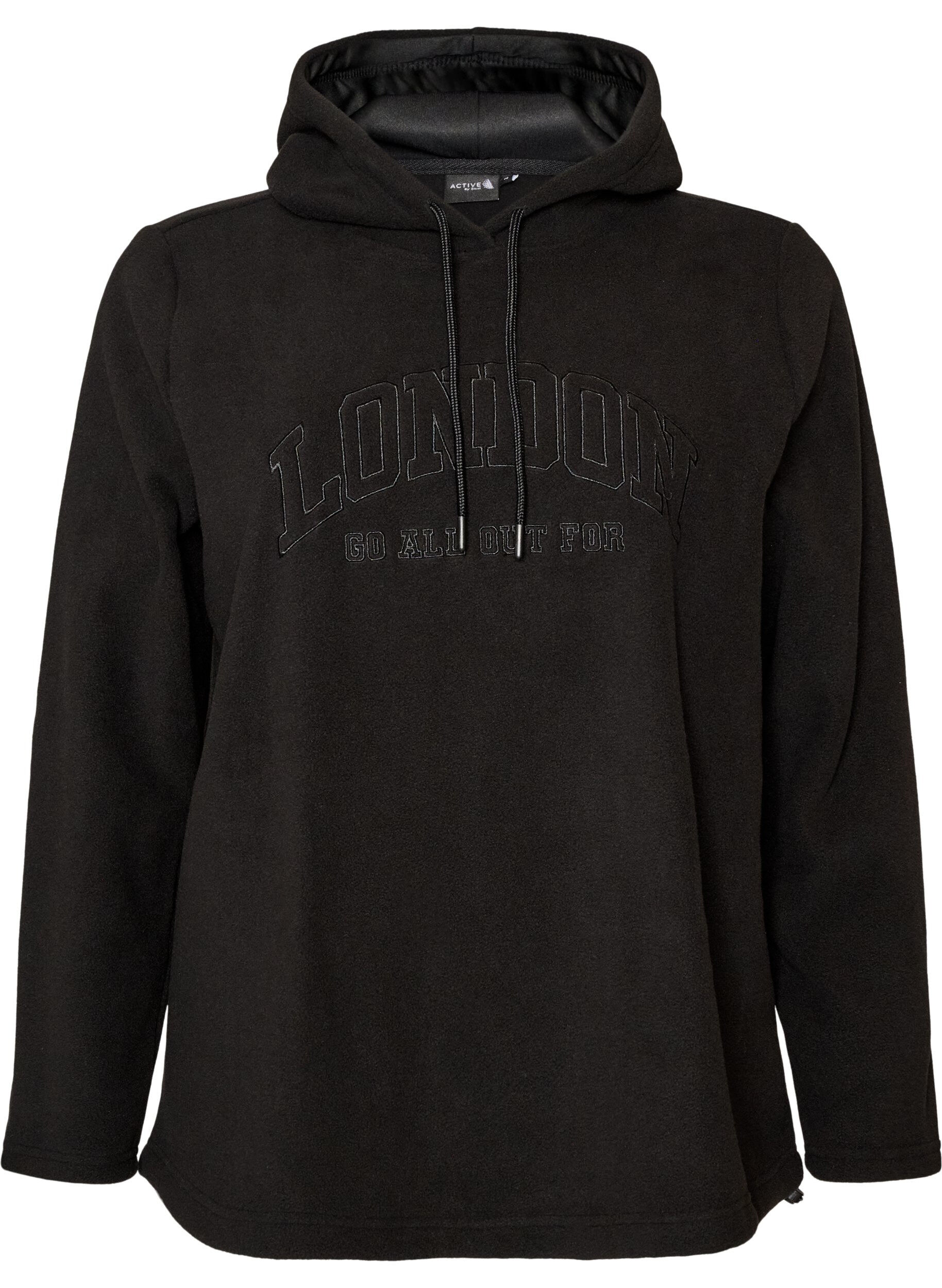 Fleece-huppari korkealla kauluksella ja brodeeratulla tekstill&auml;