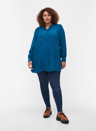 Pitkä yksivärinen paita viskoosisekoitteesta, Moroccan Blue, Model image number 2