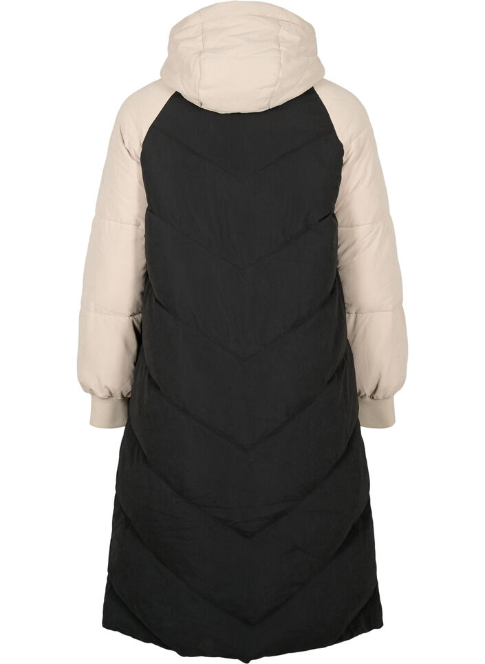 Pitkä colorblock-värinen talvitakki hupulla, Black Comb, Packshot image number 1