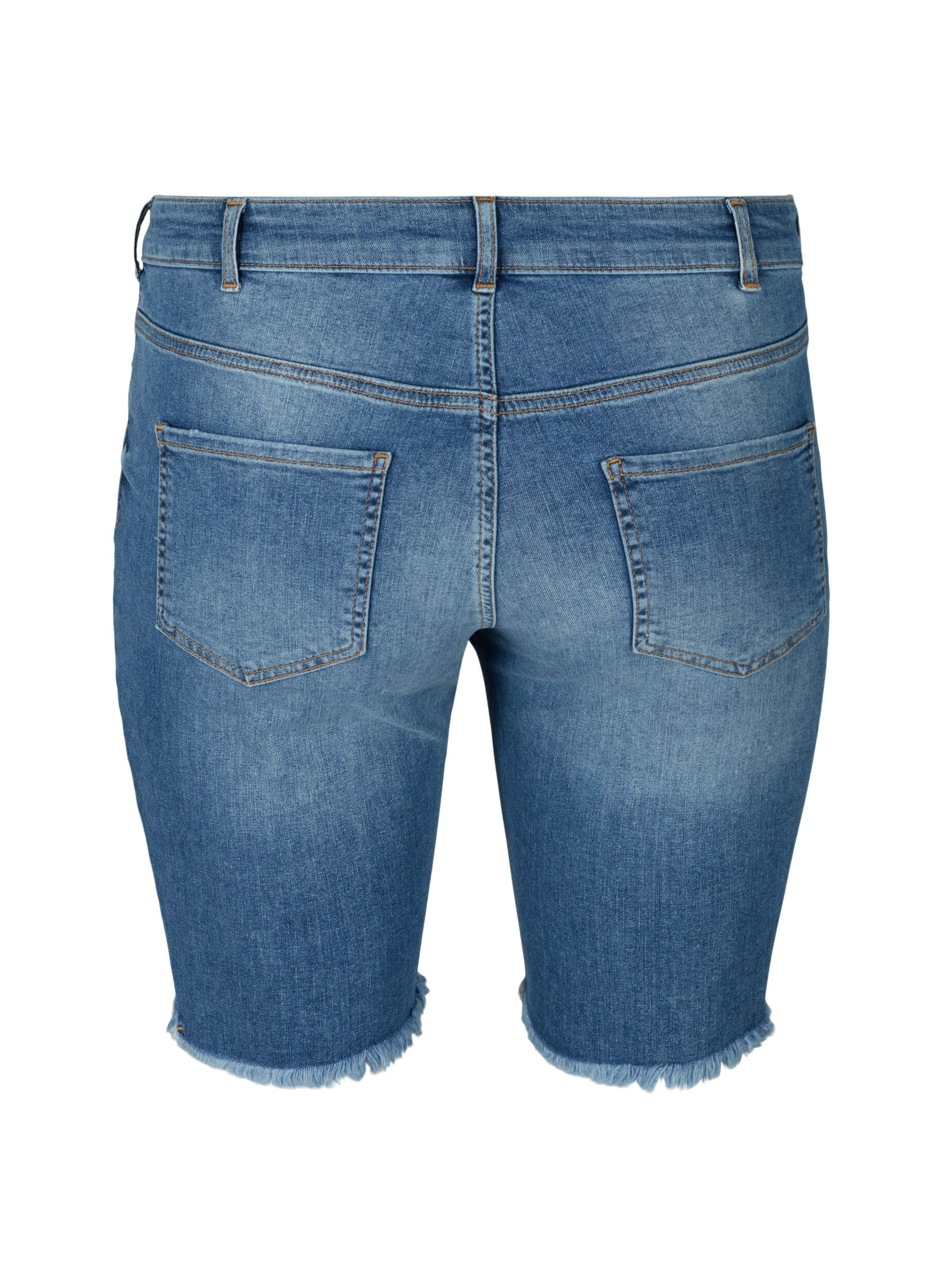 Zizzi Korkeavy&ouml;t&auml;r&ouml;iset farkkushortsit r&auml;v&auml;k&ouml;ill&auml; reunuksilla , Dark blue denim, Packshot image number 1