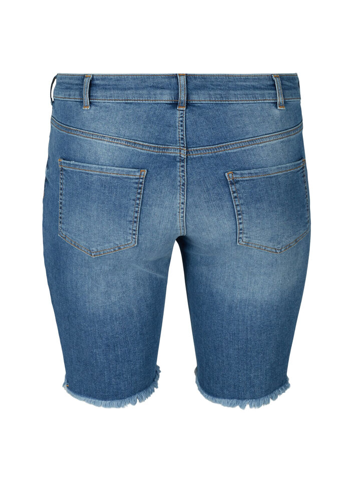 Korkeavyötäröiset farkkushortsit räväköillä reunuksilla , Dark blue denim, Packshot image number 1