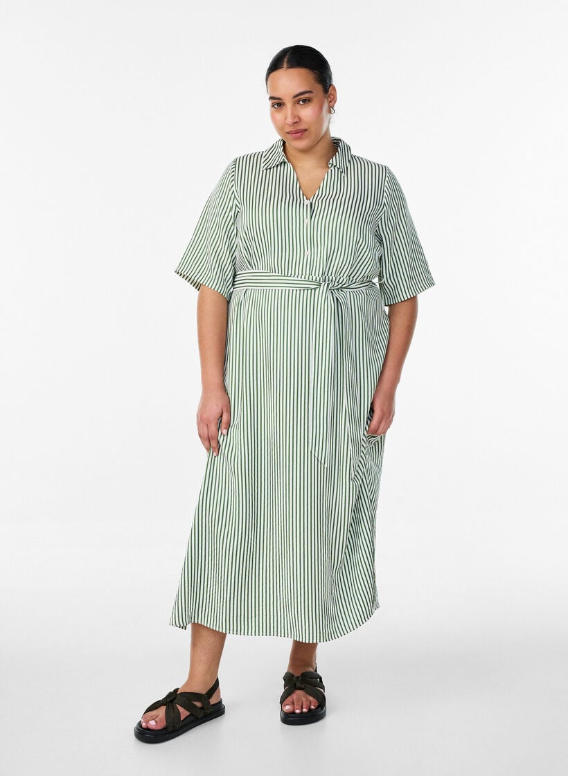 Nilkkapituinen paitamekko, jossa solmittava vy&ouml; ja raitoja, Vihre&auml;, Model image number 0