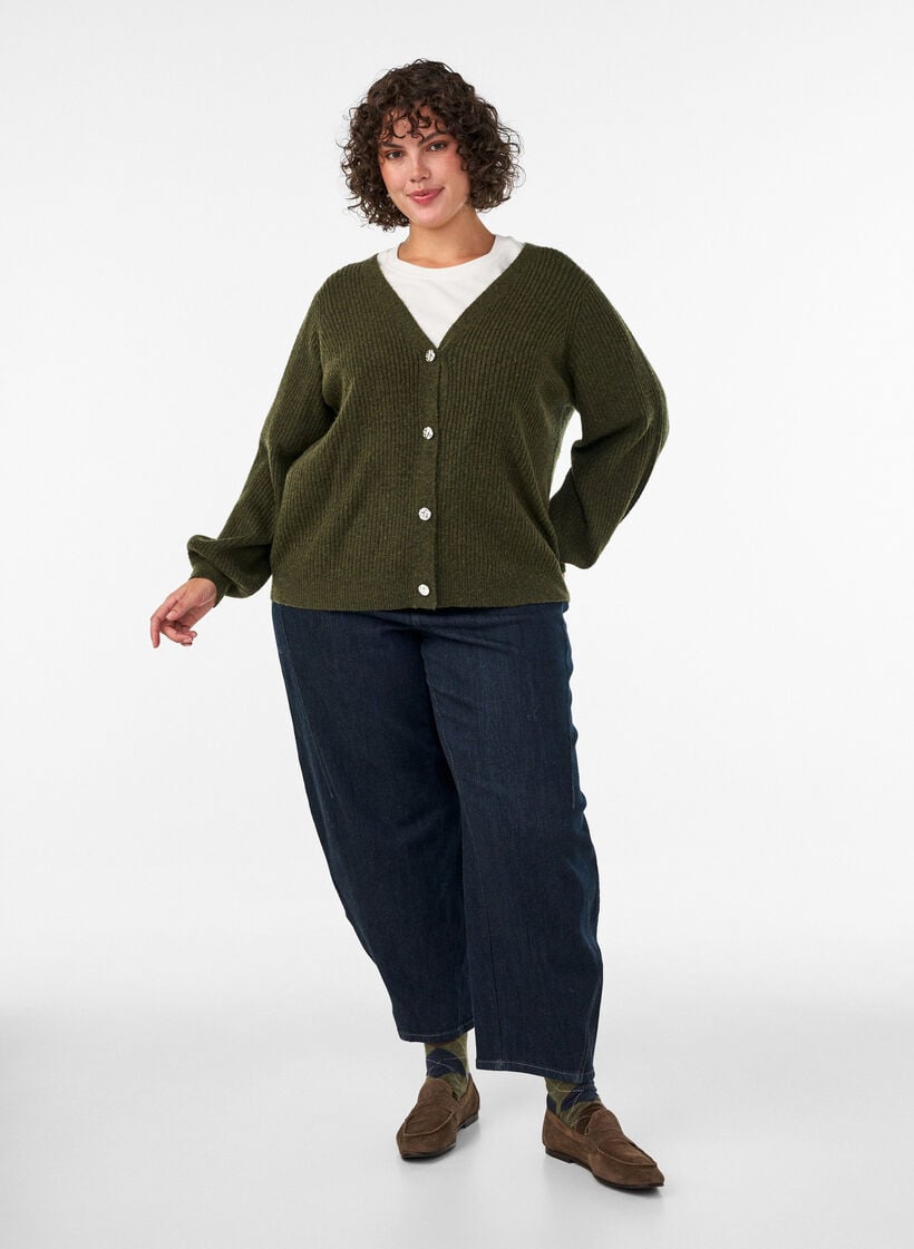 Neuletakki V-p&auml;&auml;ntiell&auml; ja ribatulla tekstuurilla, Vihre&auml;, Model image number 1