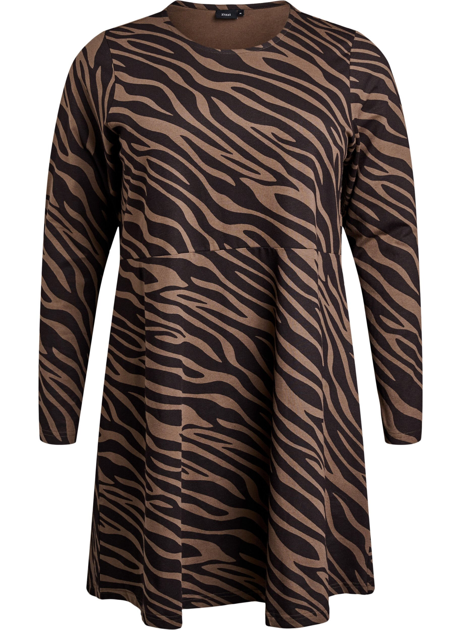 Zizzi Pitk&auml;hihainen mekko, jossa py&ouml;re&auml; p&auml;&auml;ntie ja seeprapainatus, Walnut Zebra, Packshot image number 0
