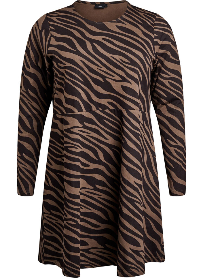 Pitkähihainen mekko, jossa pyöreä pääntie ja seeprapainatus, Walnut Zebra, Packshot image number 0
