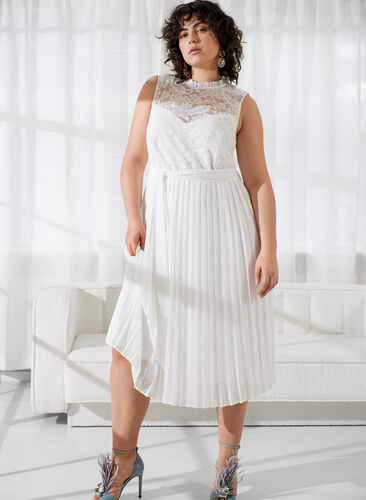 Hihaton mekko, jossa pitsiä ja laskoksia, Bright White, Image image number 0