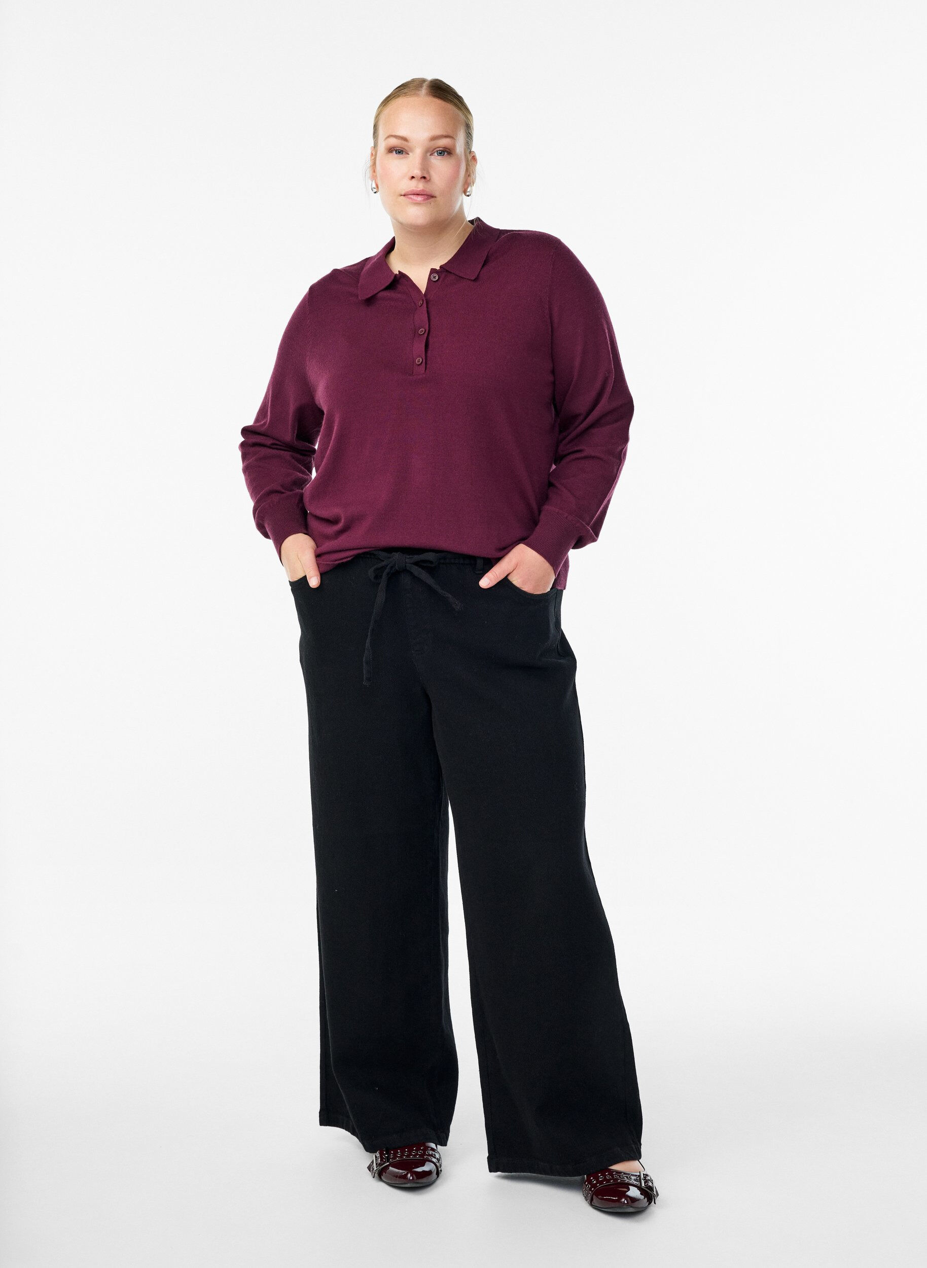 Zizzi Neulepusero kauluksella, Tumma Bordeaux, Model image number 1