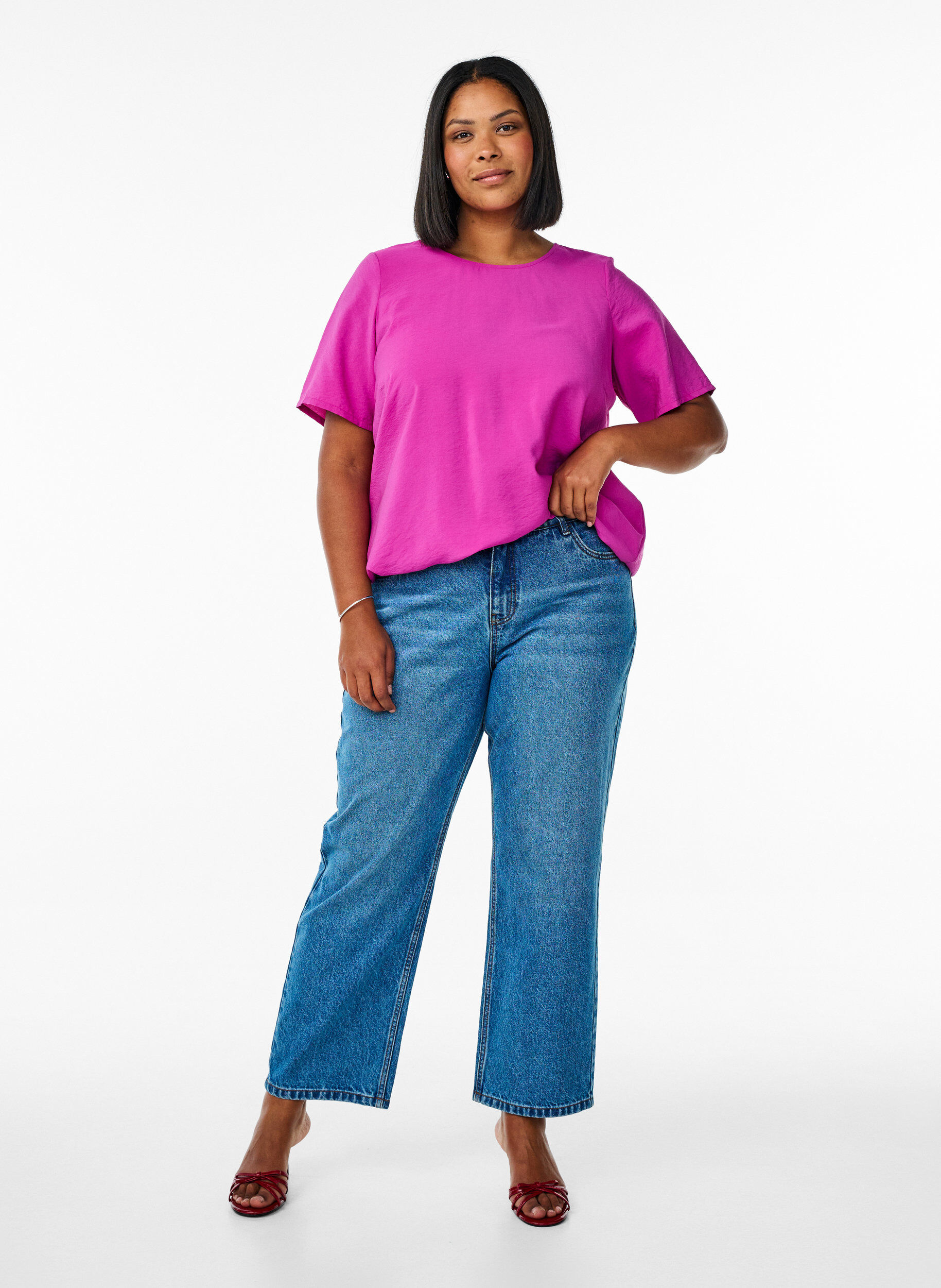 Zizzi Lyhythihainen pusero, jossa on joustava helma, Vaaleanpunainen, Model image number 1