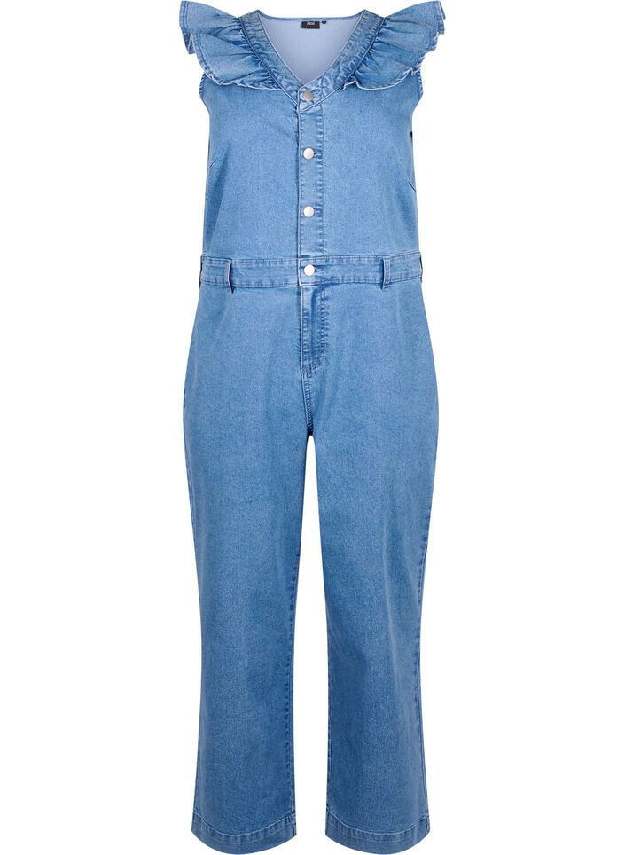 Farkkuhaalarit röyhelöillä, Light Blue Denim, Packshot image number 0