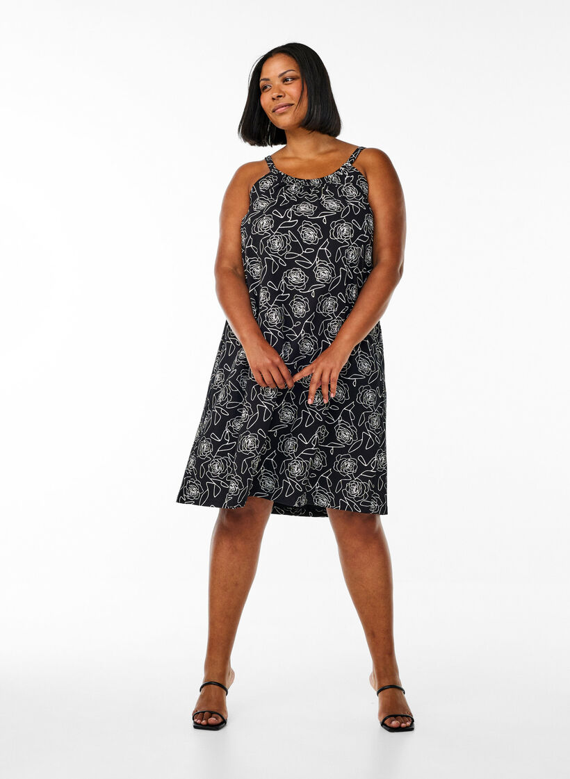 Midipituinen olkainmekko luomupuuvillaa, Musta, Model image number 1