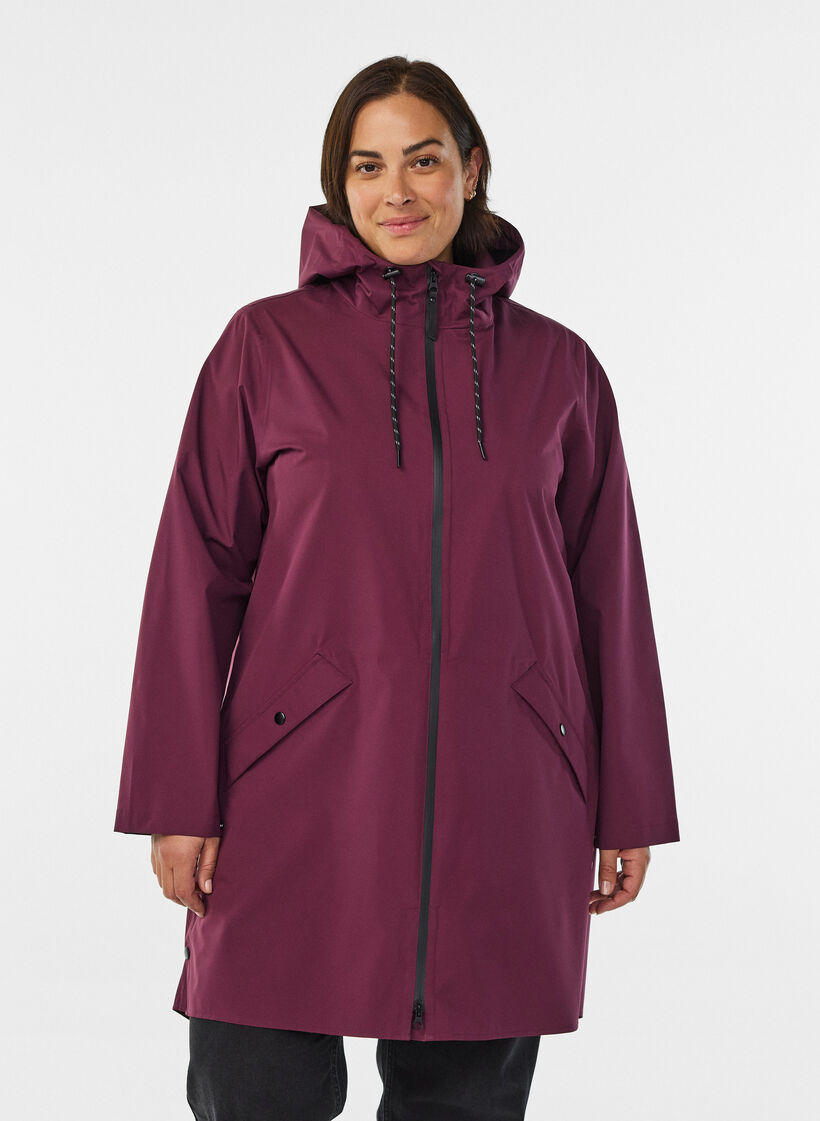 Sadetakki, jossa on taskut ja huppu, Tumma Bordeaux, Model image number 0
