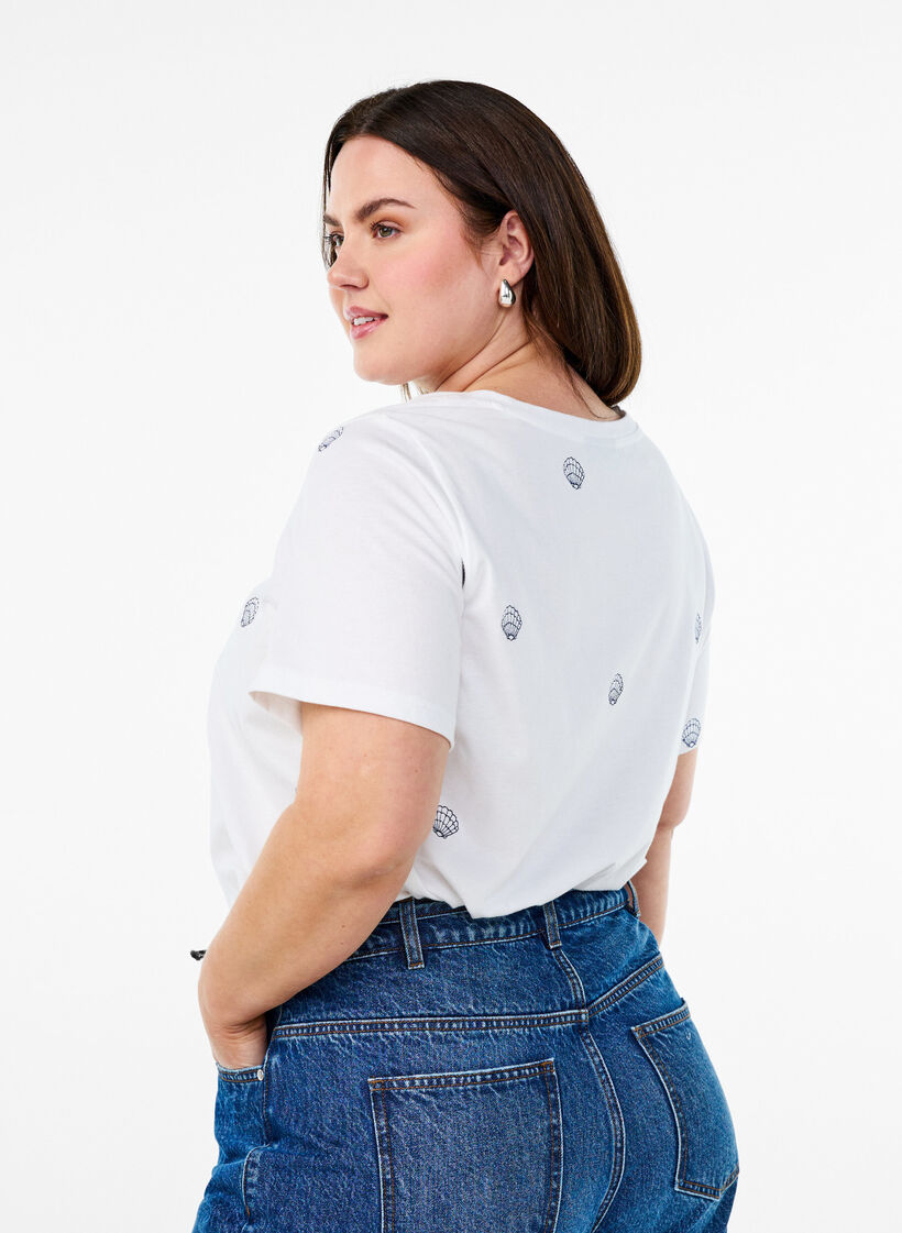 Luomupuuvillainen T-paita kirjailuilla kuvioilla., Valkoinen, Model image number 2