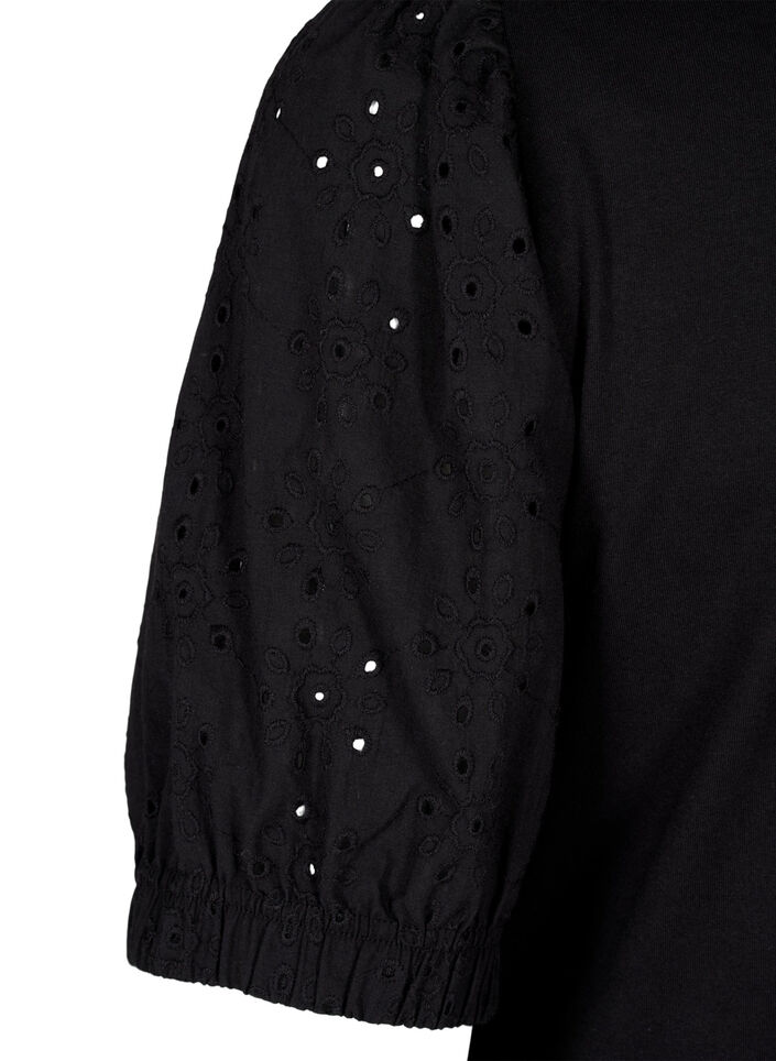 Orgaanisesta puuvillasta valmistettu pusero, jossa on broderie anglaise -hihat, Black, Packshot image number 3
