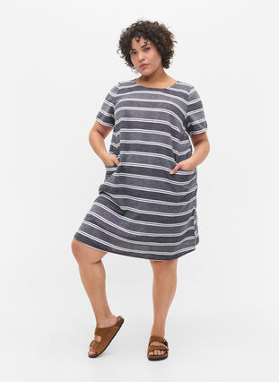 Raidallinen mekko lyhyillä hihoilla, Blue Stripe, Model image number 2