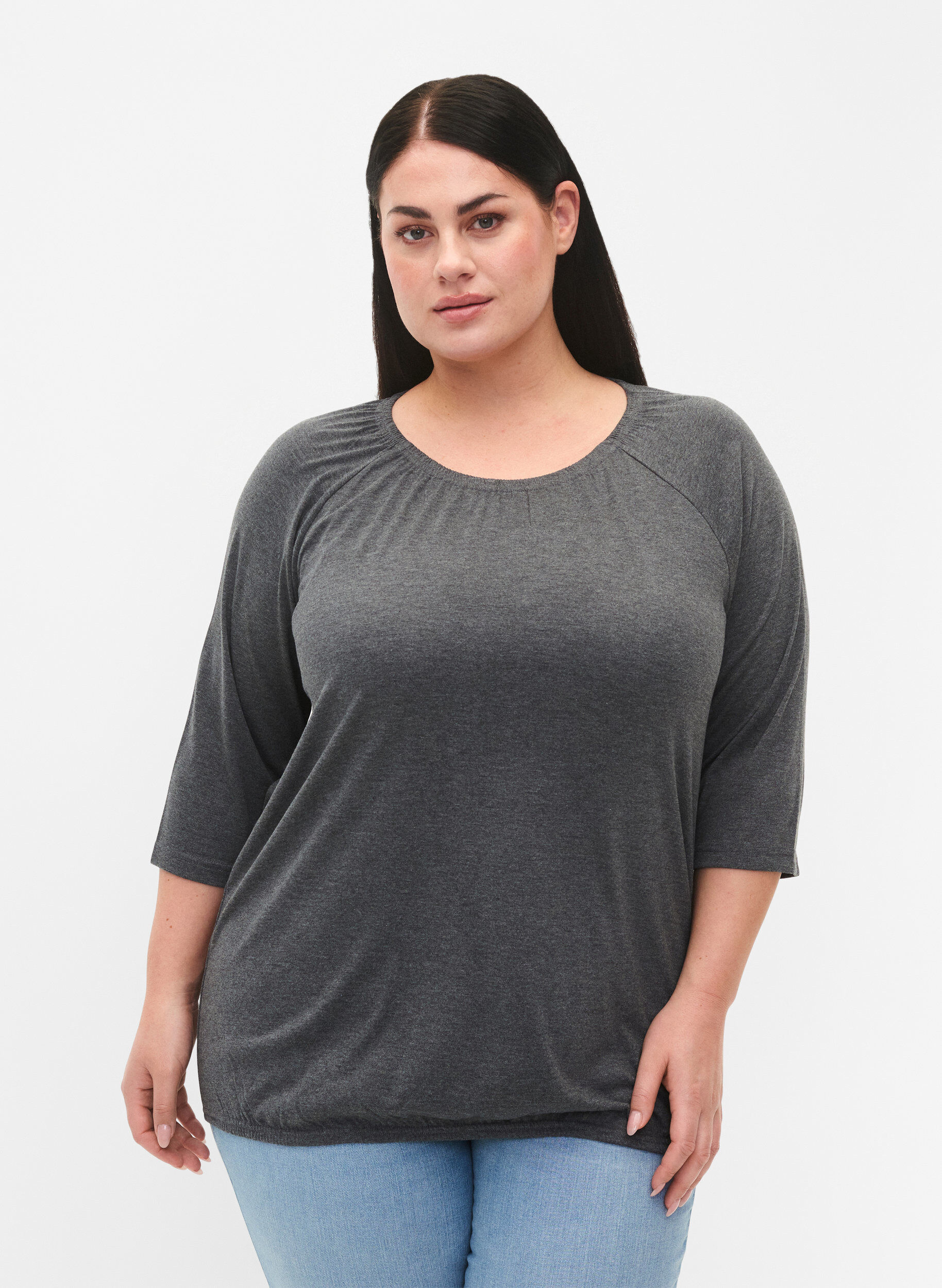 Zizzi Raidallinen pusero 3/4-hihoilla, Dark Grey Melange, Model image number 0