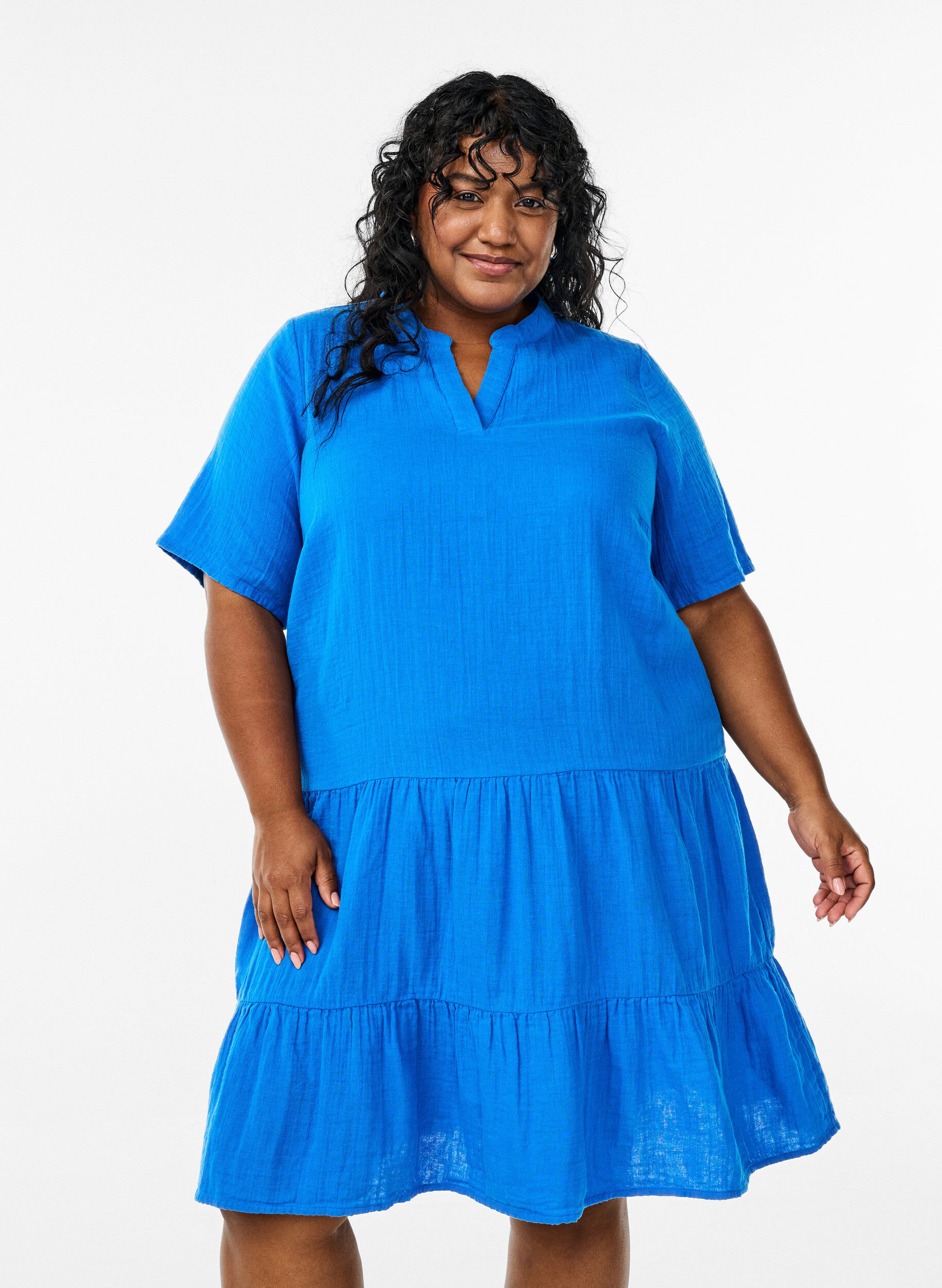 ZizziLyhyt A-linjainen mekko puuvillamusliinista, Sininen, Model image number 0
