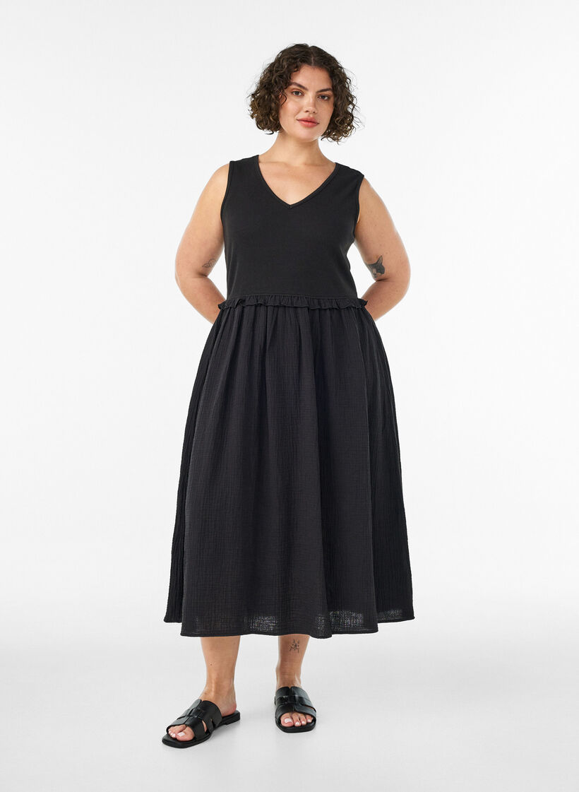Hihaton puuvillainen midimekko ribill&auml; ja musliinilla, Musta, Model image number 0