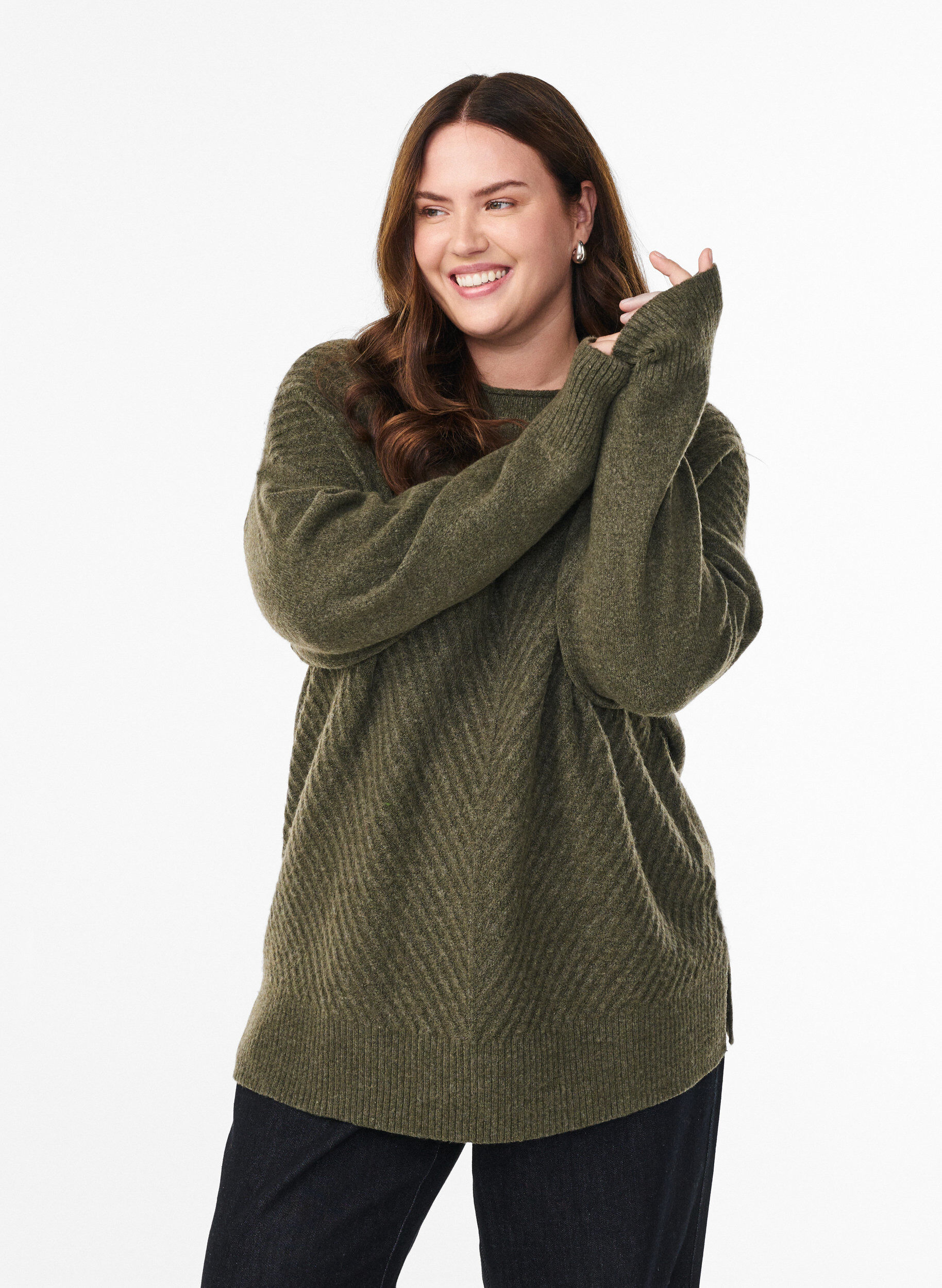 Neulepusero, jossa V-muotoinen ribikuvio ja halkiot, Vihre&auml;, Model