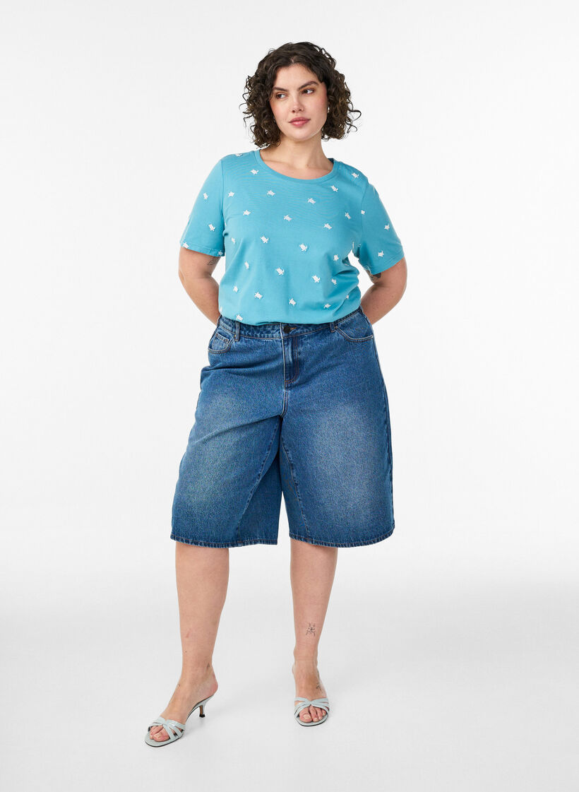 Luomupuuvillainen T-paita kirjailuilla kuvioilla, Sininen, Model image number 1