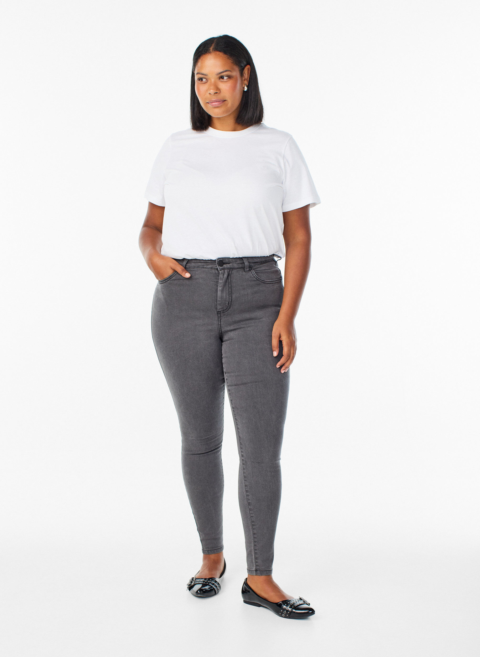 Amy korkea vy&ouml;t&auml;r&ouml;iset super slim fit -farkut, Harmaa, Model