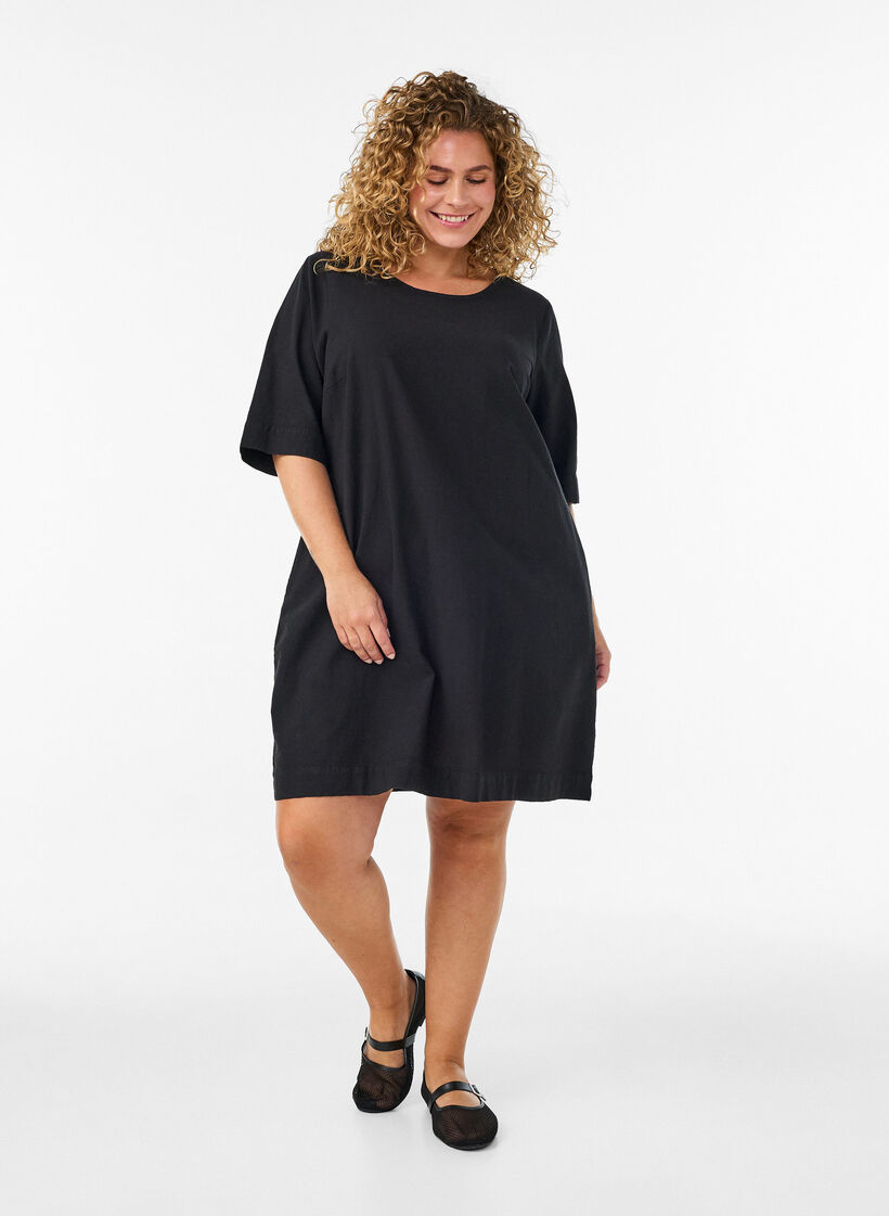 Puuvillamekko lyhyill&auml; hihoilla ja taskuilla, Musta, Model image number 1