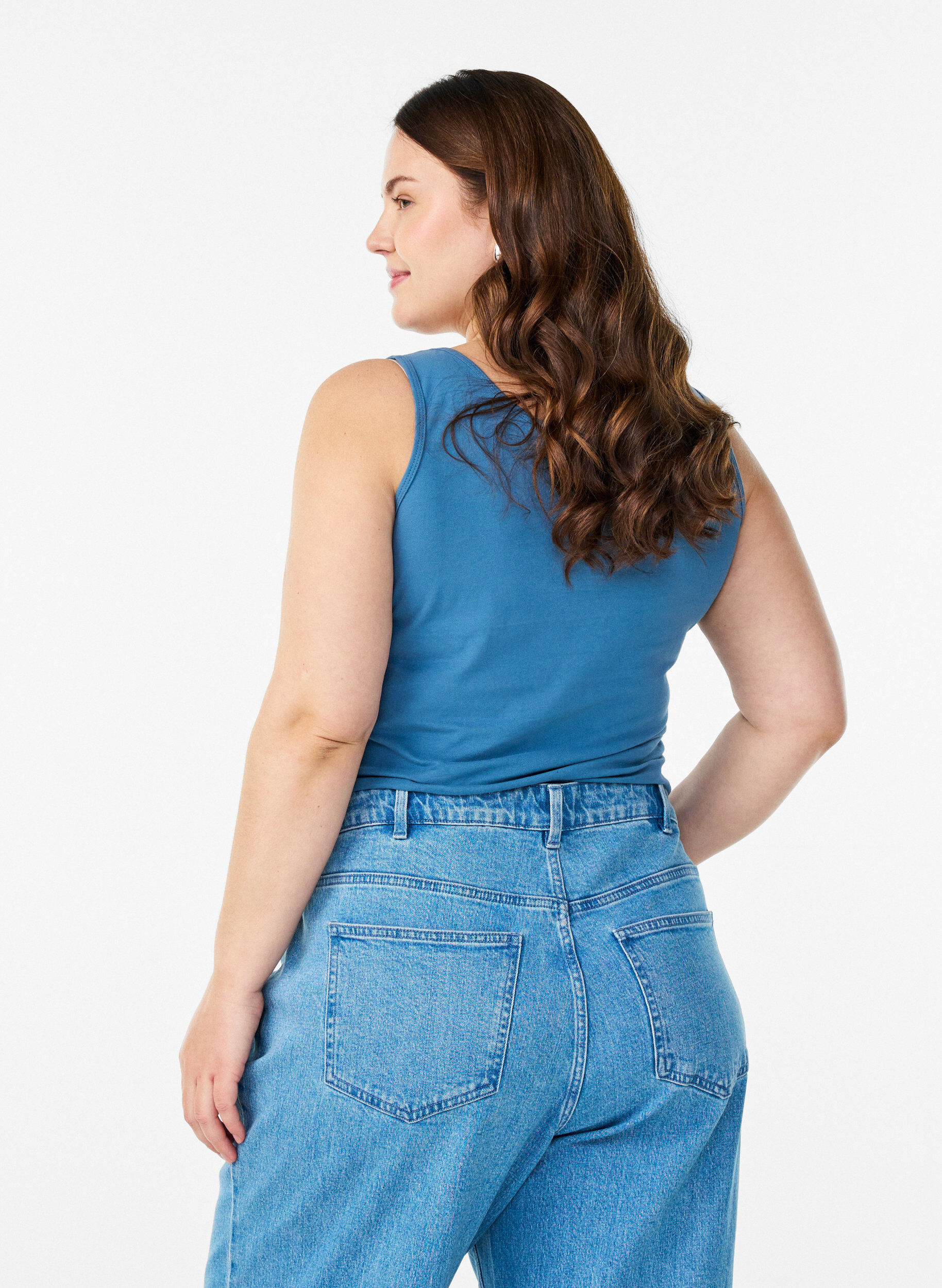 Zizzi Yksiv&auml;rinen perus paita puuvillasta, Sininen, Model image number 2