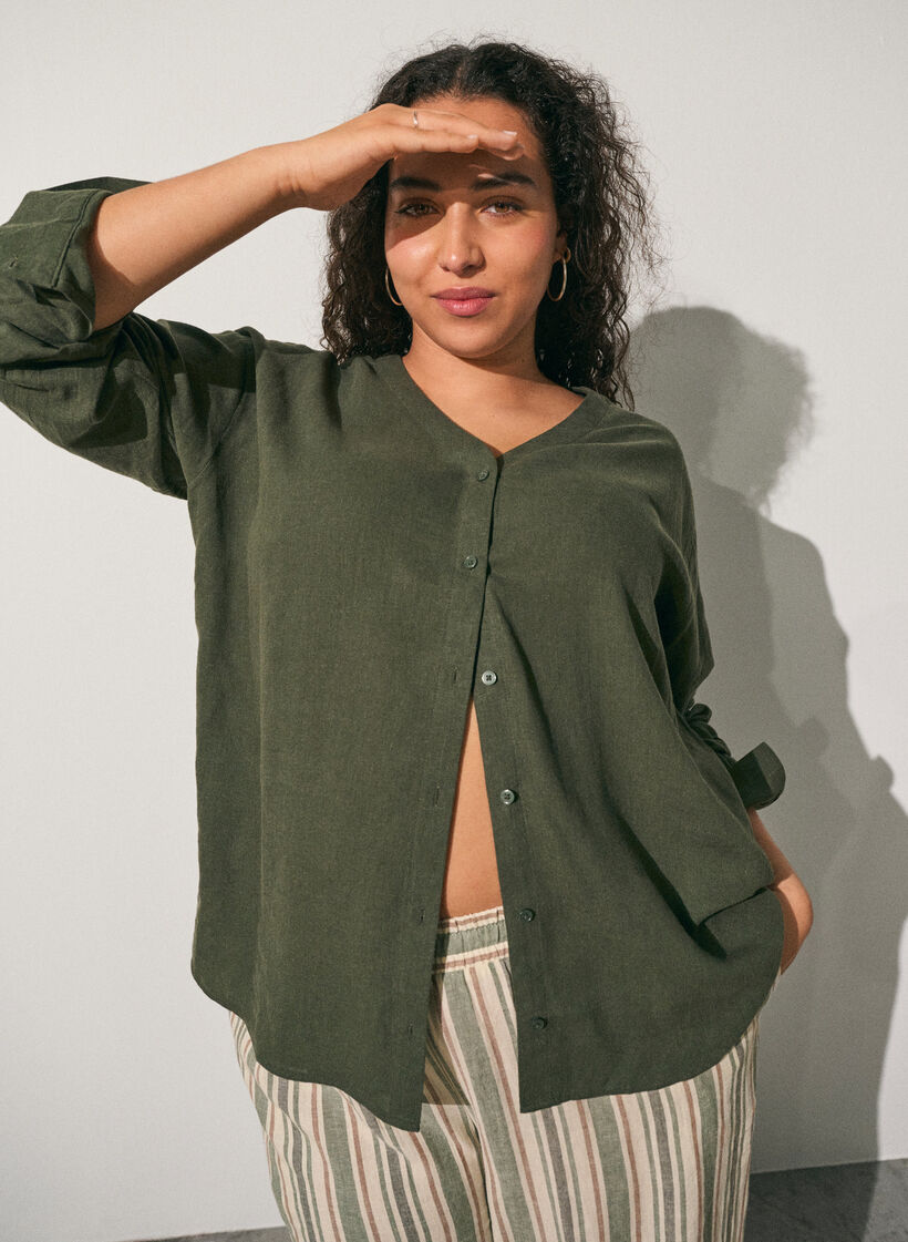 Pusero pellavaa ja viskoosia V-p&auml;&auml;ntiell&auml;, Vihre&auml;, Image image number 0