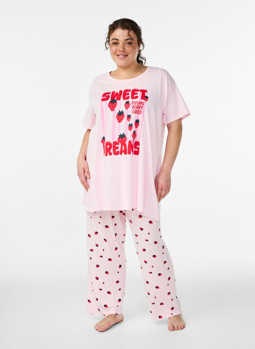 Pyjamahousut pehme&auml;st&auml; jersey-materiaalista, korkea vy&ouml;t&auml;r&ouml; ja hedelm&auml;kuosi, Vaaleanpunainen, Model image number 0