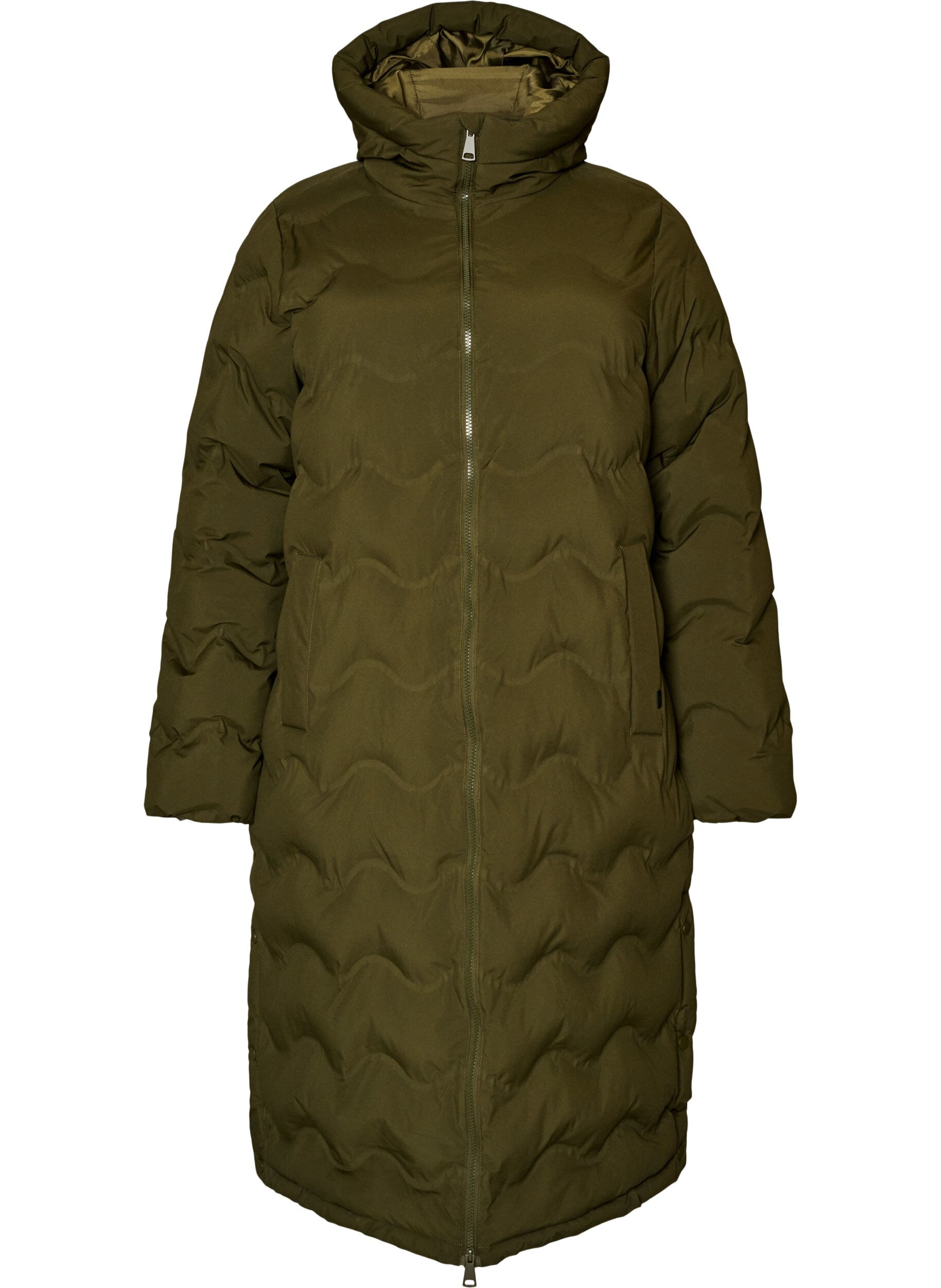 Pitk&auml; hupullinen toppatakki aaltoilevalla kuosilla