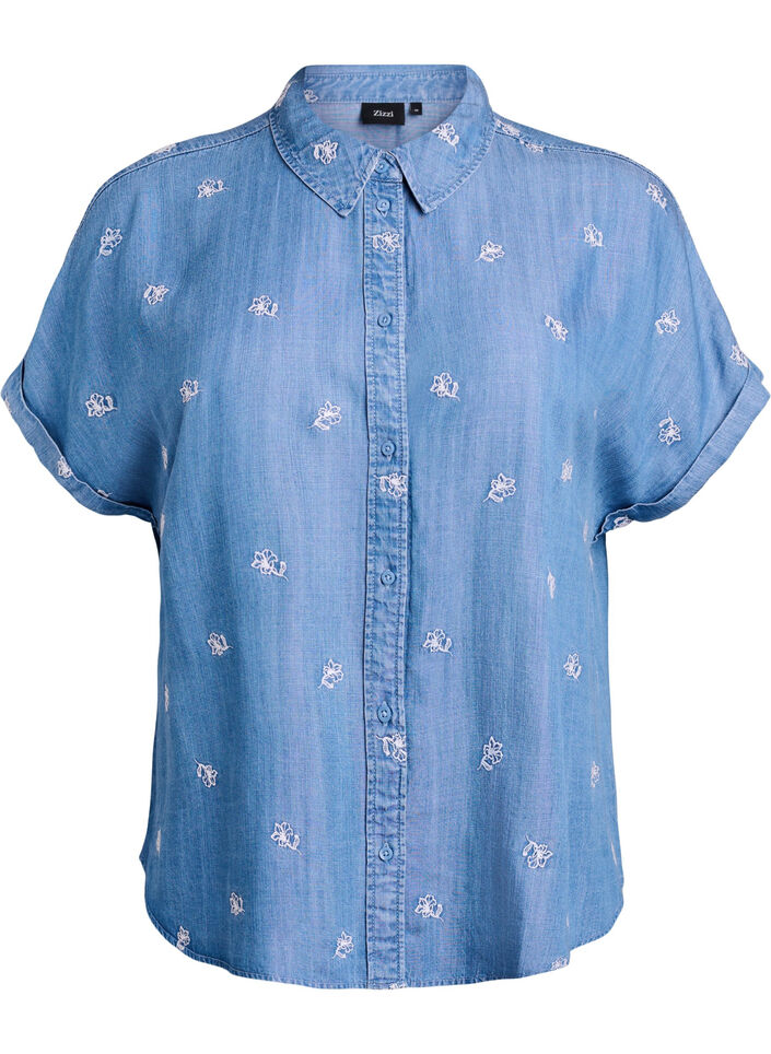 Denim-look lyocell -paita kukkakirjailulla, Sininen, Packshot image number 0